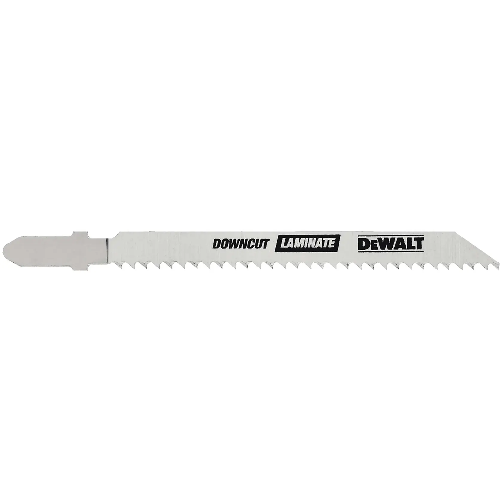 Uma lâmina de serra tico-tico DEWALT para laminados, com dentes afiados e construção em metal, rotulada 'DOWNCUT LAMINATE DEWALT.'