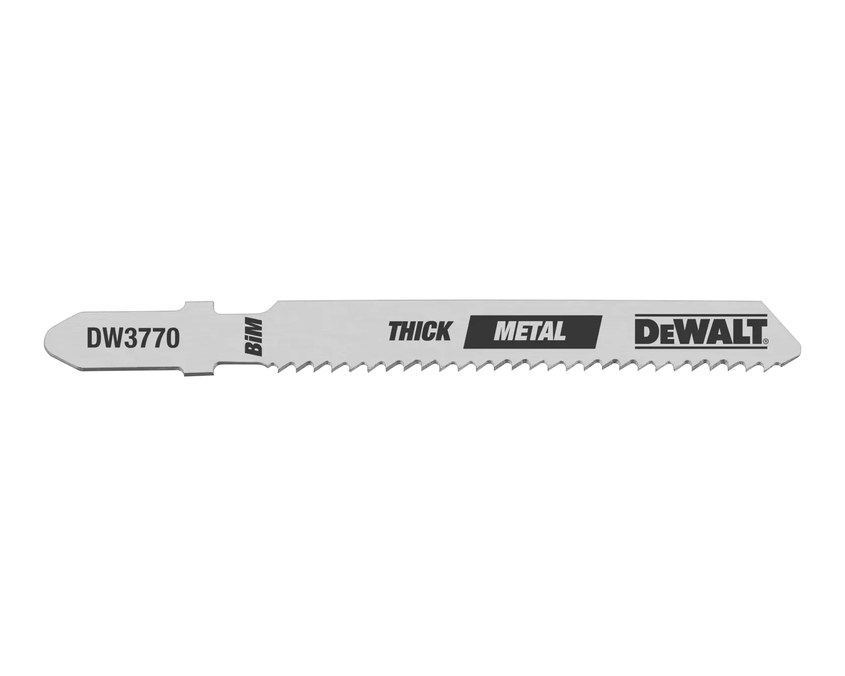 Lâmina de serra tico-tico DEWALT DW3770 projetada para cortar metal grosso, com dentes afiados e marcada com o número do modelo, BIM e marca DEWALT.