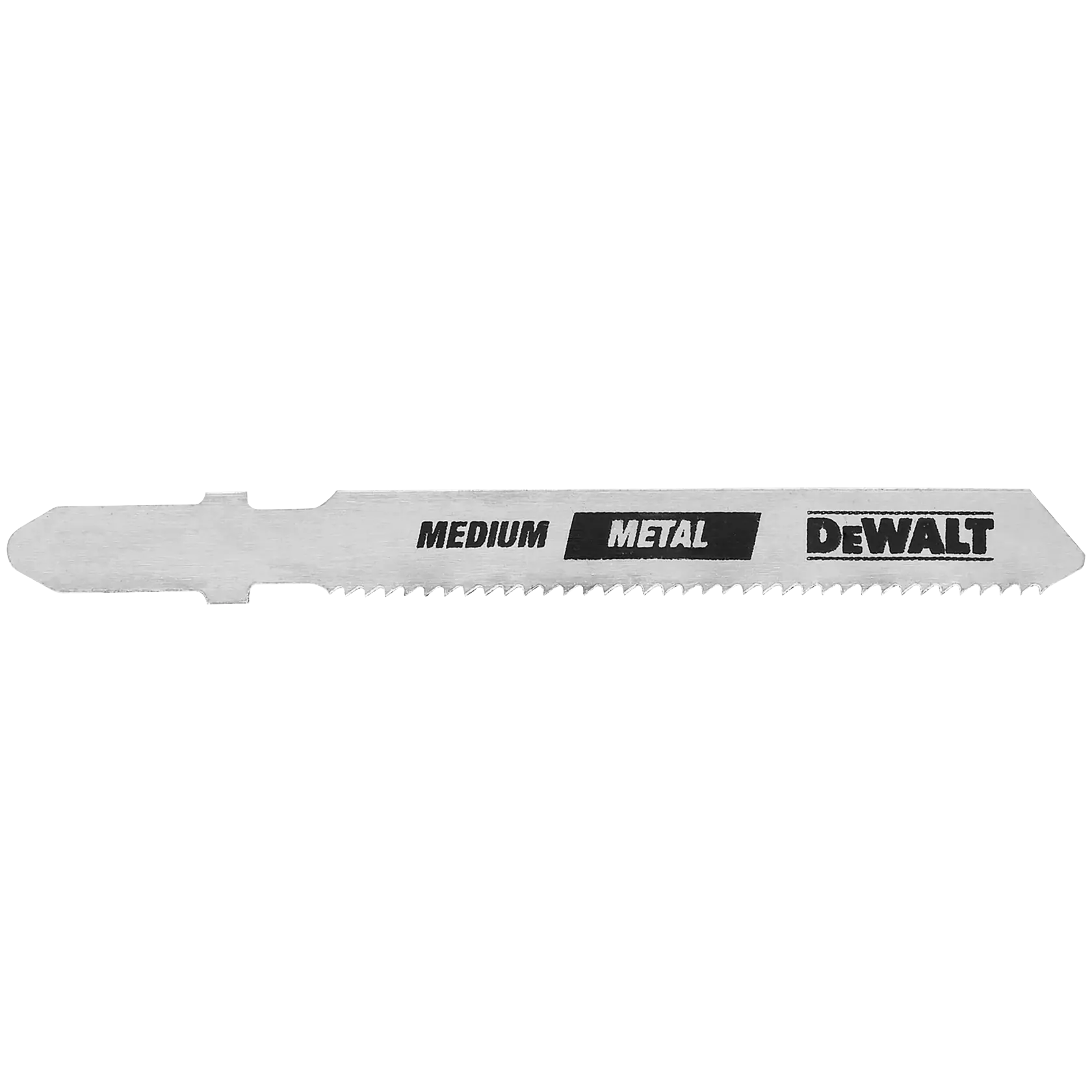 Uma lâmina de serra tico-tico para metal da marca DEWALT, rotulada como 'Medium Metal'. A lâmina é prateada com dentes de serra em uma borda.