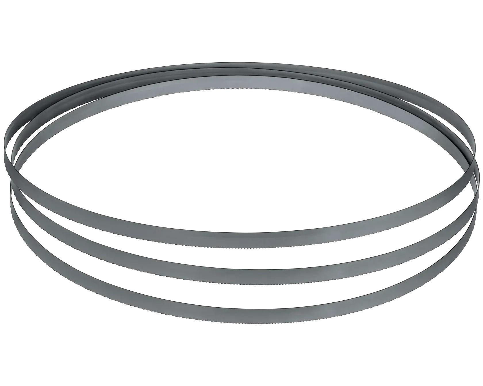 Um conjunto de três lâminas de serra de fita de metal, enroladas em forma circular sobre um fundo branco.