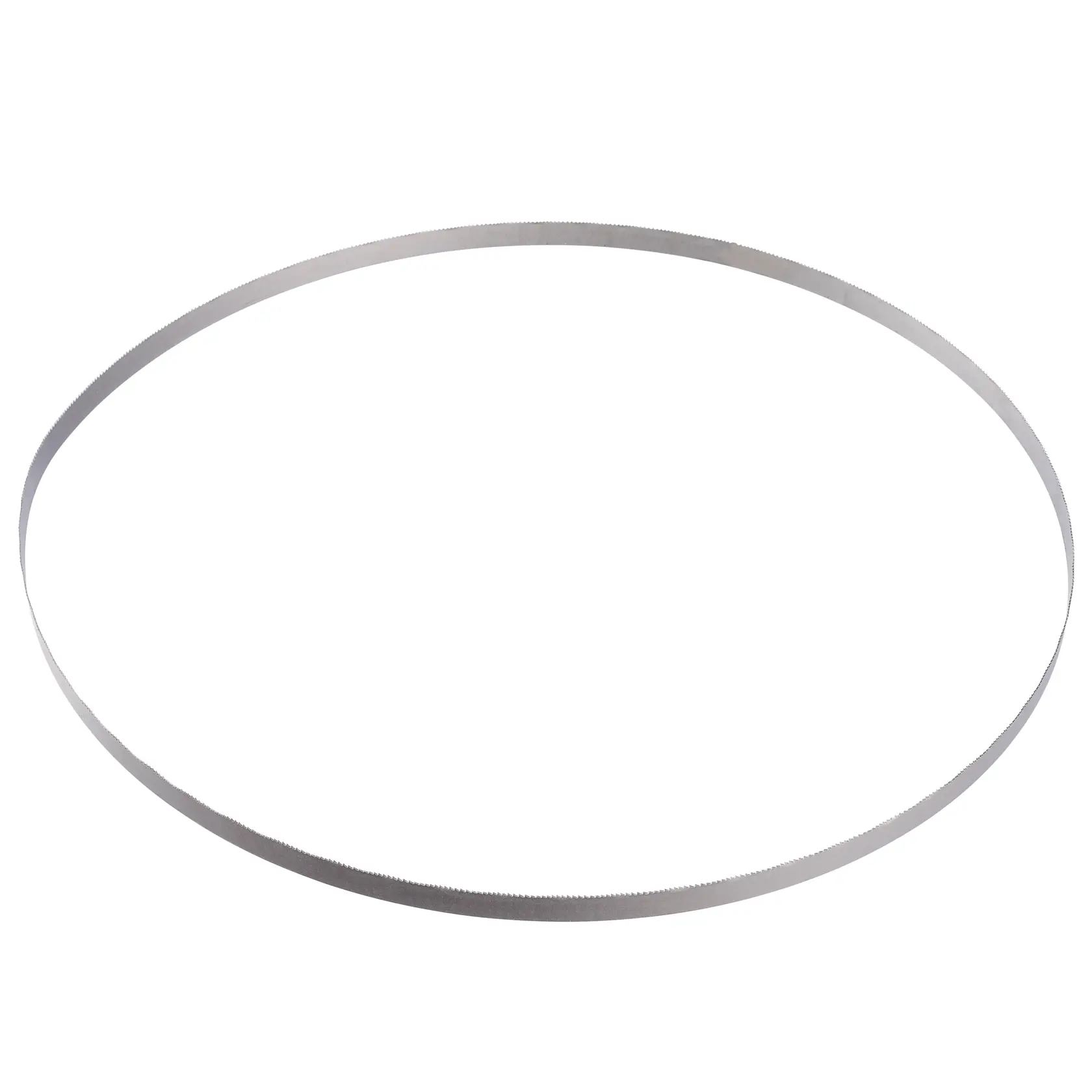 Uma lâmina de serra de fita circular de metal exibida sobre um fundo branco.