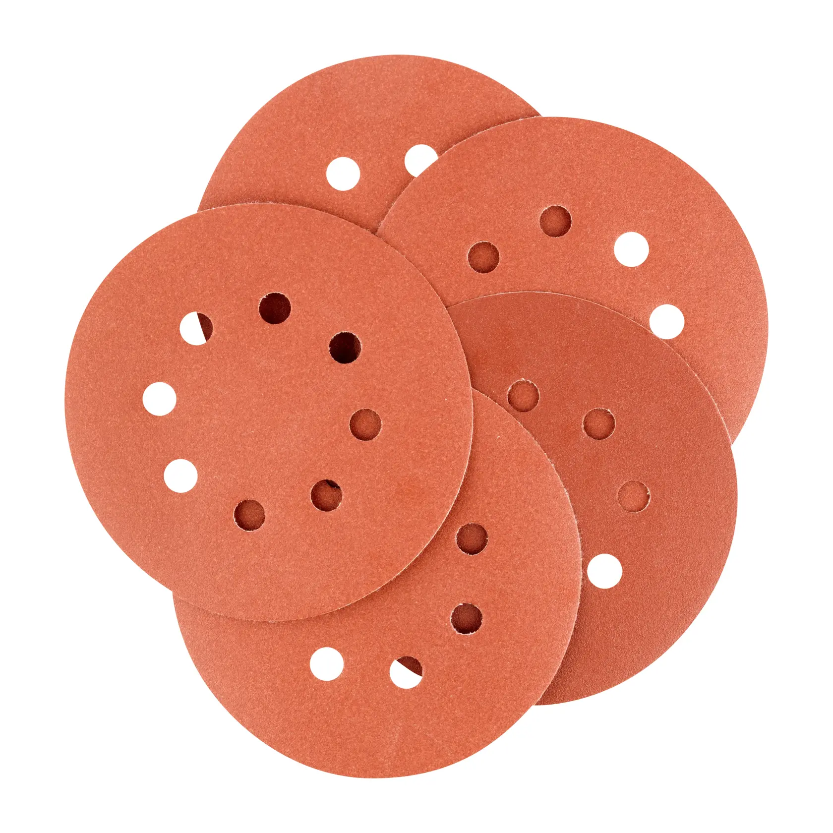 Um conjunto de cinco discos de lixamento circulares com vários furos, dispostos em um padrão levemente sobreposto. Os discos são de cor marrom-avermelhada e são usados para tarefas de lixamento de superfícies.