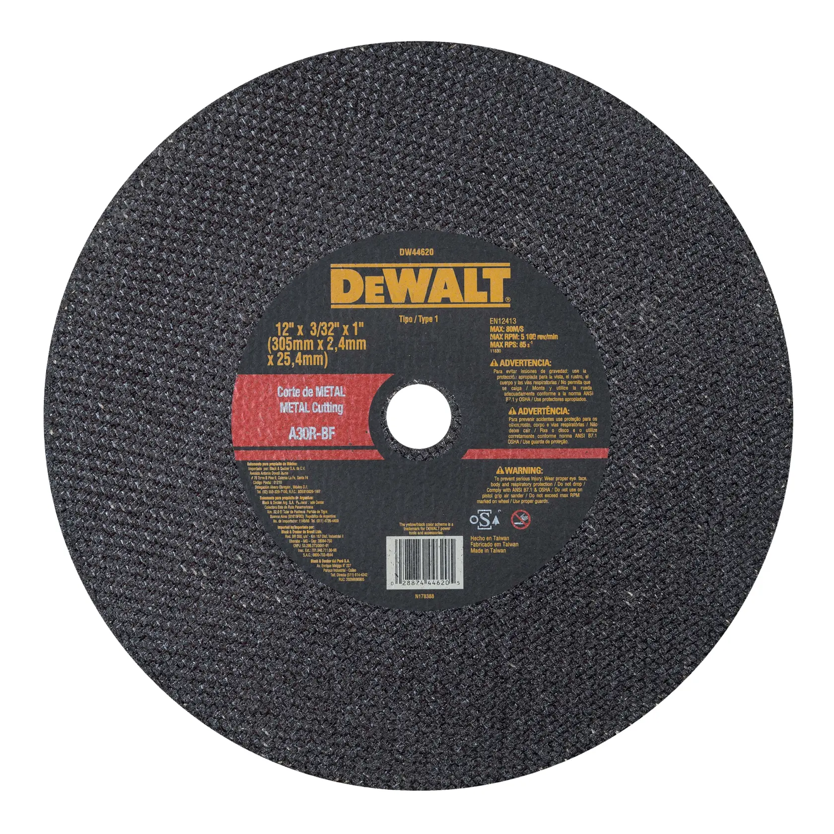 Disco abrasivo para corte de metal da marca DEWALT com furo central, modelo DW44620. O disco é preto com superfície texturizada e rótulo amarelo e vermelho no centro, apresentando as especificações de 12 polegadas x 3/32 polegadas x 1 polegada (305 mm x 2,4 mm x 25,4 mm).