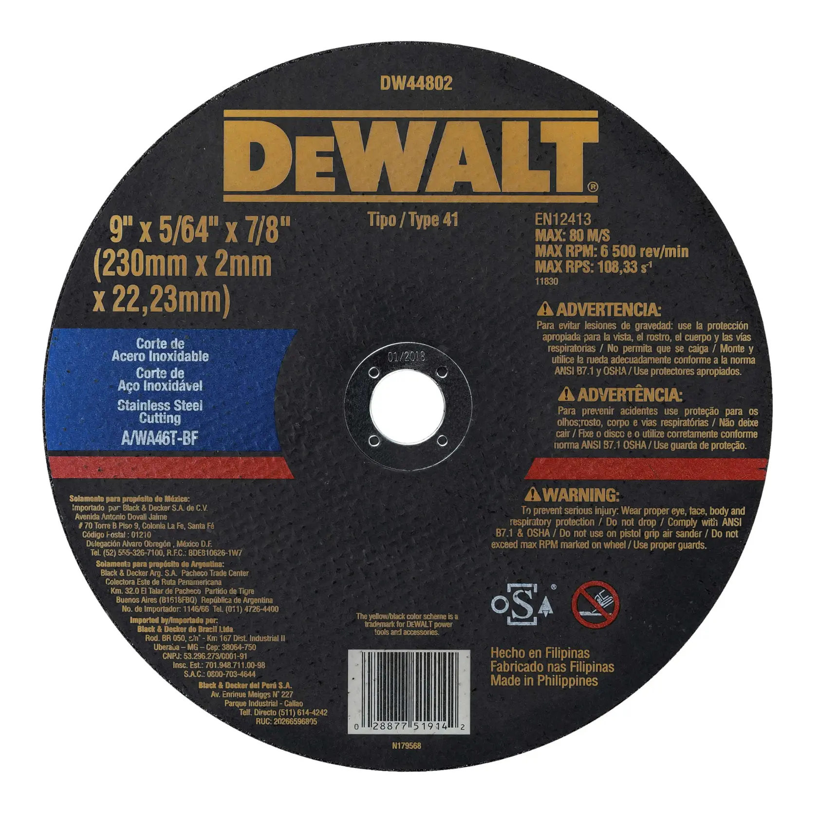 Disco de corte para aço inoxidável da marca DEWALT, modelo DW44802, com dimensões de 9 polegadas x 5/64 polegadas x 7/8 polegadas (230 mm x 2 mm x 22,23 mm). O disco é circular com um orifício central e possui instruções em vários idiomas, avisos de segurança e informações técnicas, incluindo velocidade máxima e orientações de uso adequado. Fabricado nas Filipinas.