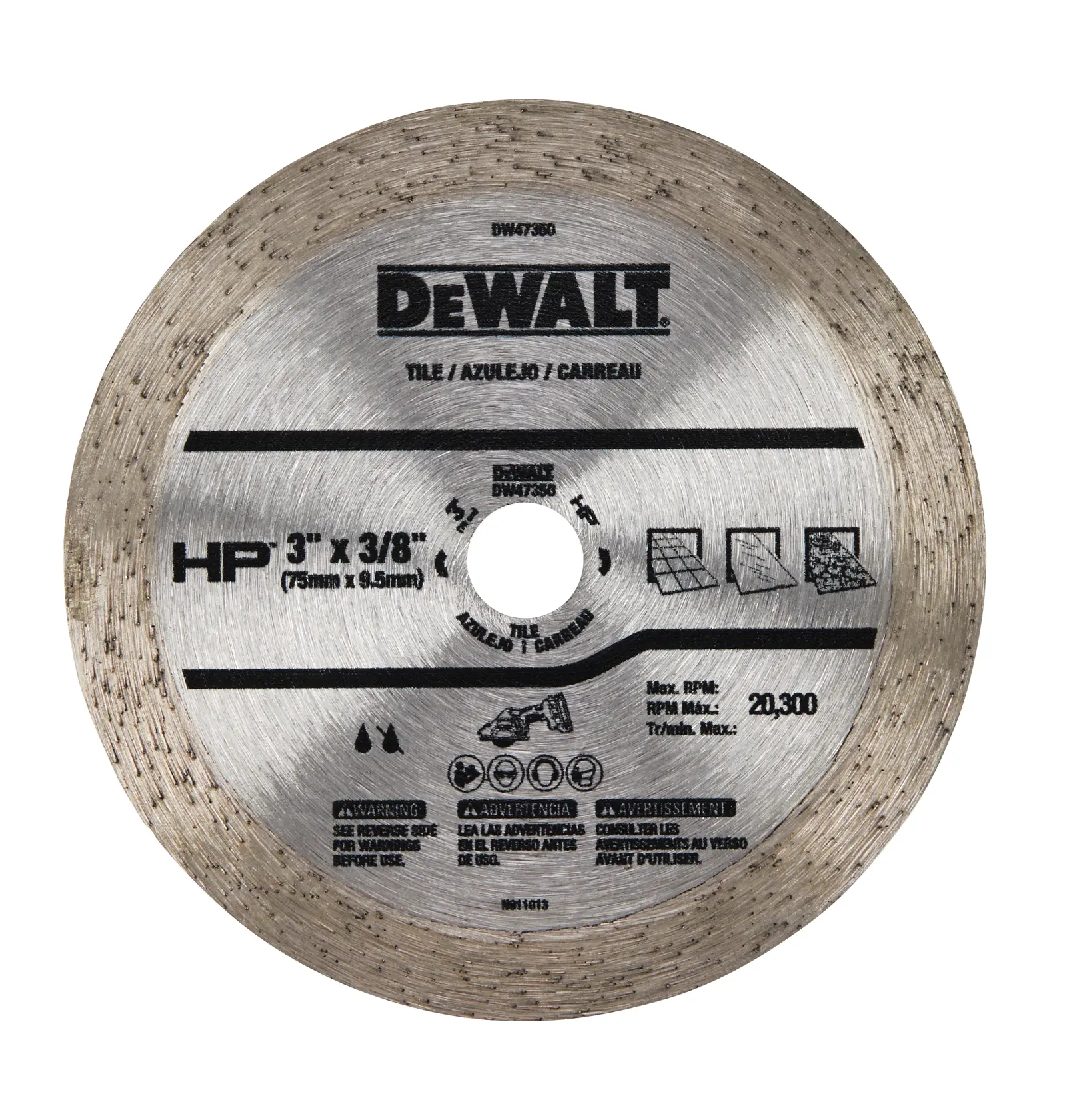 Lâmina de diamante DEWALT DW47350 para corte de azulejo, formato circular, tamanho de 3 polegadas por 3/8 polegadas, cor prateada com informações do produto impressas na superfície.