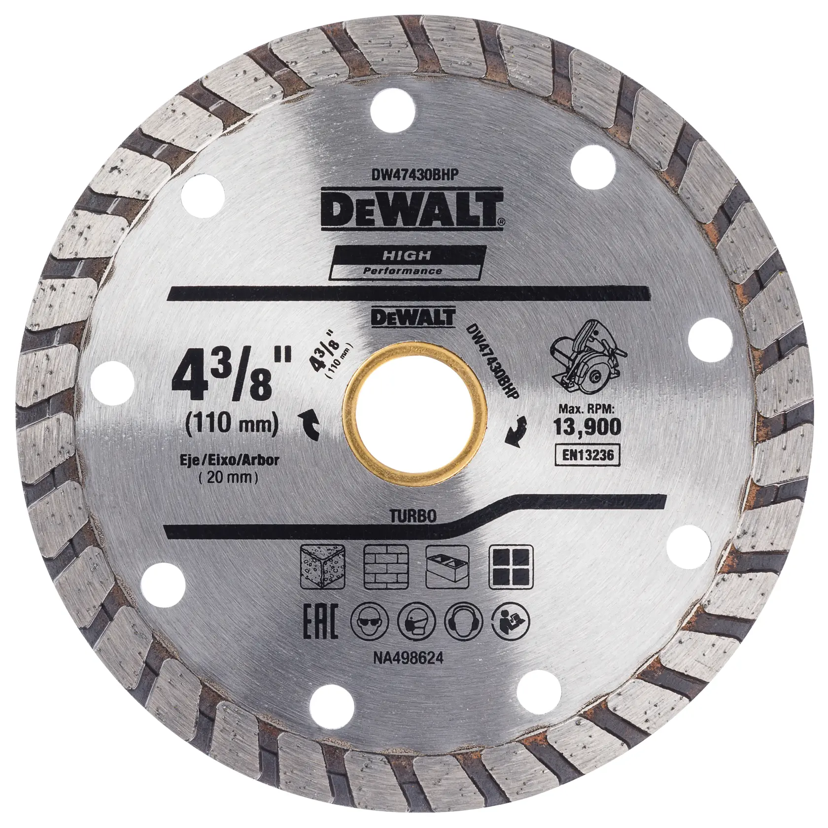 Imagem em close de um disco de corte turbo de alto desempenho DEWALT DW47430BHP, com diâmetro de 4 3/8 polegadas (110 mm), projetado para cortar materiais como pedra, tijolo e concreto. O disco apresenta ícones de segurança e uso, além de especificações como velocidade máxima de 13.900 RPM e furo de eixo de 20 mm.