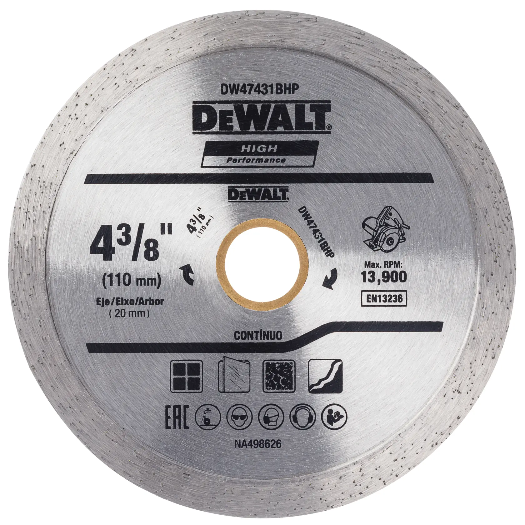 Lâmina de serra circular de alta performance DEWALT DW47431BHP com aro contínuo, diâmetro de 4-3/8 polegadas (110 mm) e furo de 20 mm, projetada para cortar materiais, exibindo várias especificações e ícones de segurança na superfície.