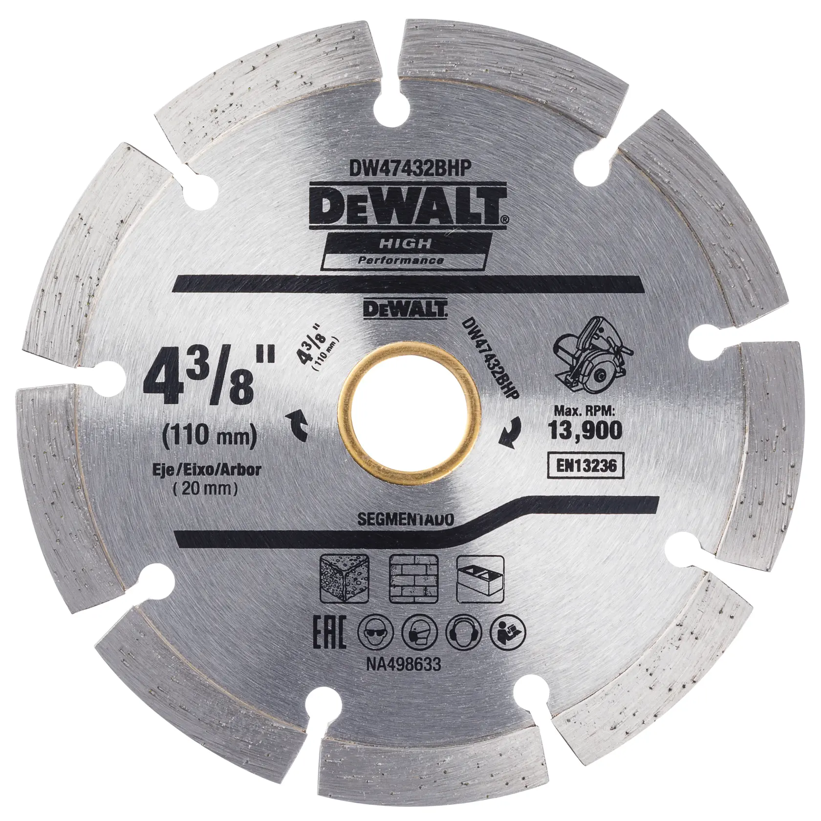 Imagem de close-up de uma lâmina segmentada de corte de diamante DEWALT, modelo DW47432BHP. A lâmina é circular, de cor prateada, e apresenta especificações rotuladas incluindo diâmetro de 110 mm (4-3/8 polegadas), furo de eixo de 20 mm e uma rotação máxima de 13.900 RPM. A lâmina possui vários recortes e segmentos ao redor da borda e é destinada ao uso com materiais de construção como azulejos, pedra e tijolo.