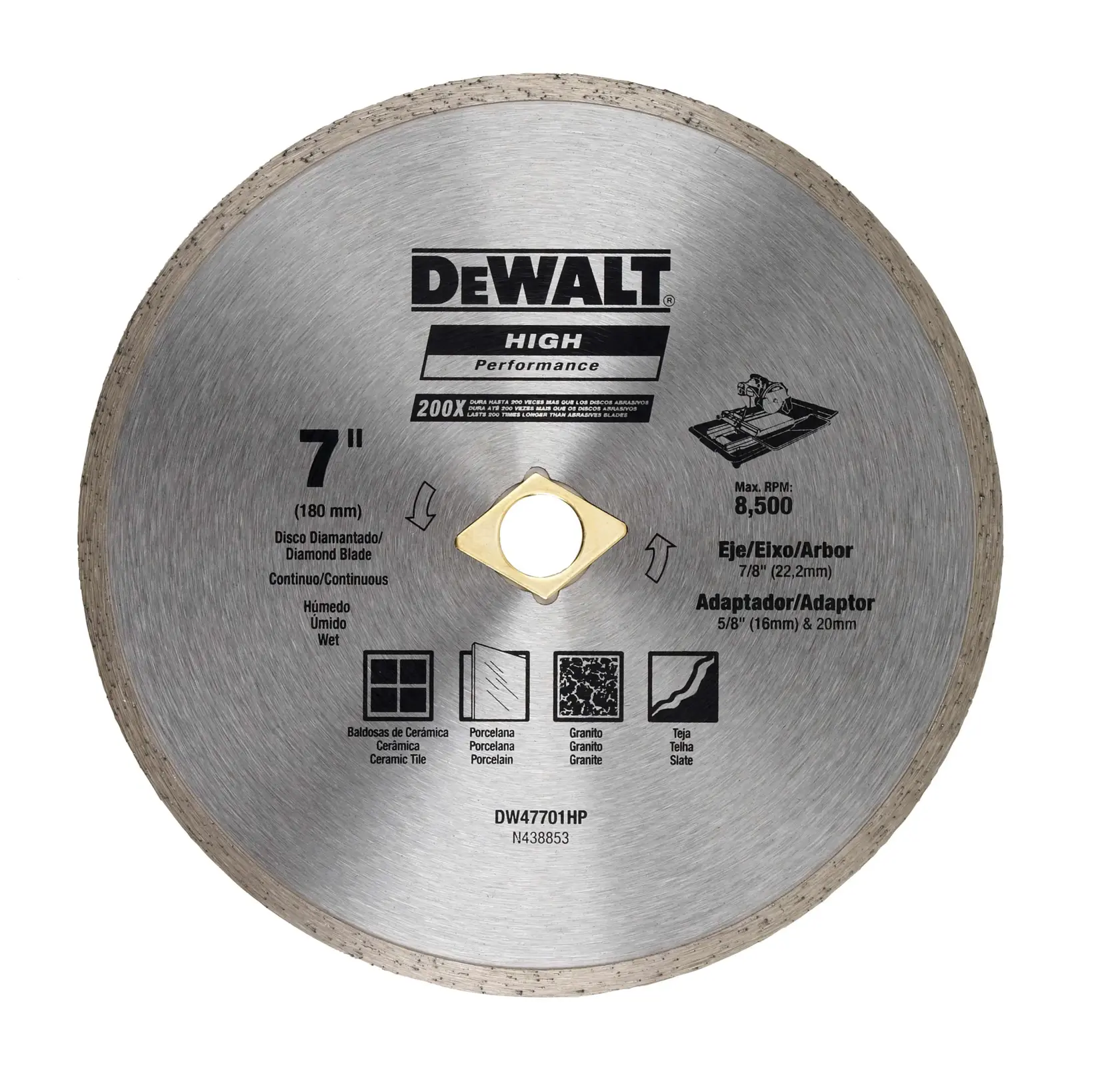 Fotografia da lâmina diamantada DEWALT DW47701HP 7 pol. para azulejo e granito, prata, vista frontal.