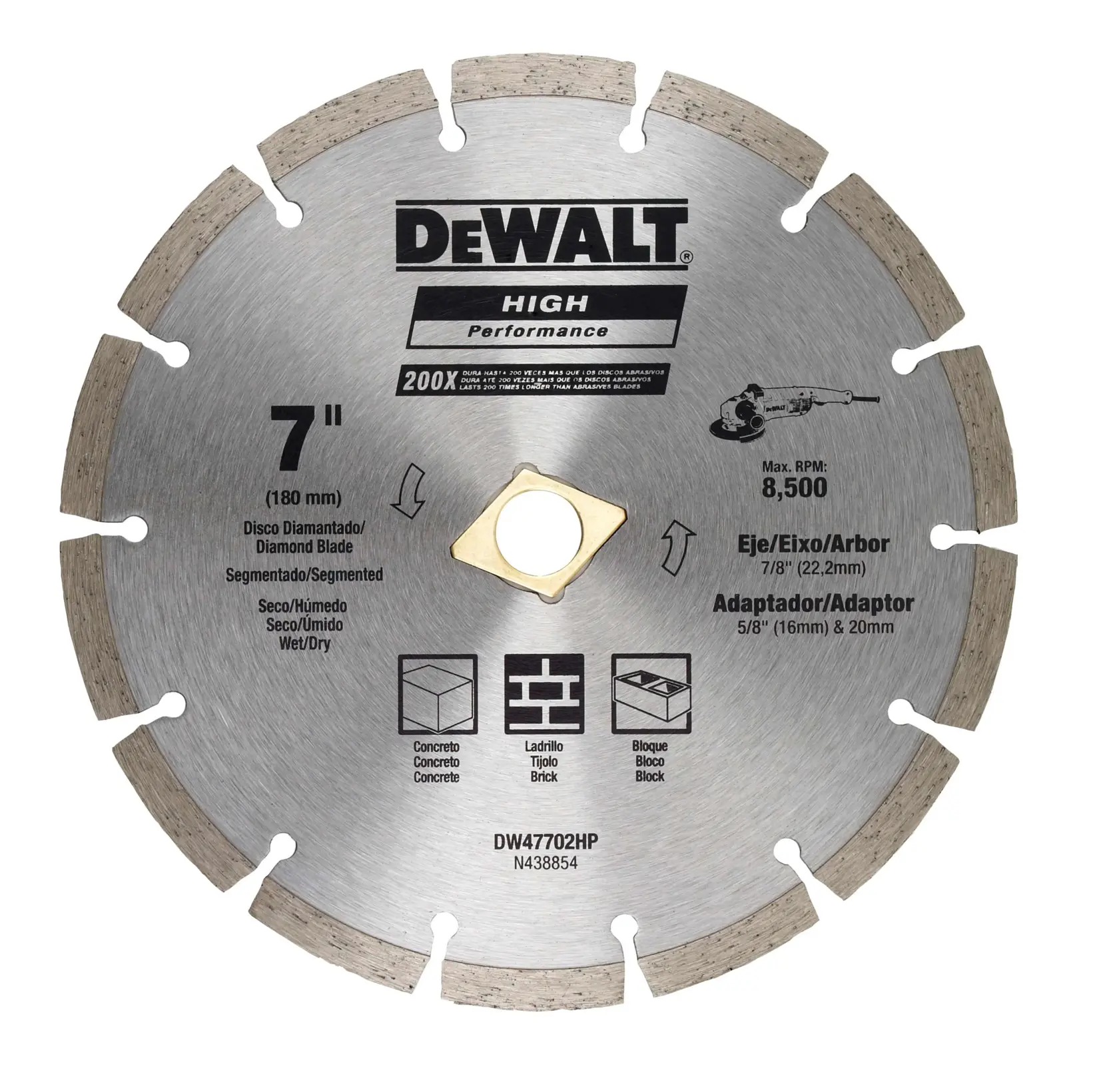 Uma lâmina de diamante segmentada de alto desempenho DEWALT para cortar concreto, tijolos e blocos. A lâmina tem um diâmetro de 7 polegadas (180 mm), suporta cortes a seco ou úmido e é compatível com eixo de 7/8 polegadas (22,2 mm) e adaptadores de 5/8 polegadas (16 mm) e 20 mm. RPM máxima: 8.500. Número do modelo DW47702HP.