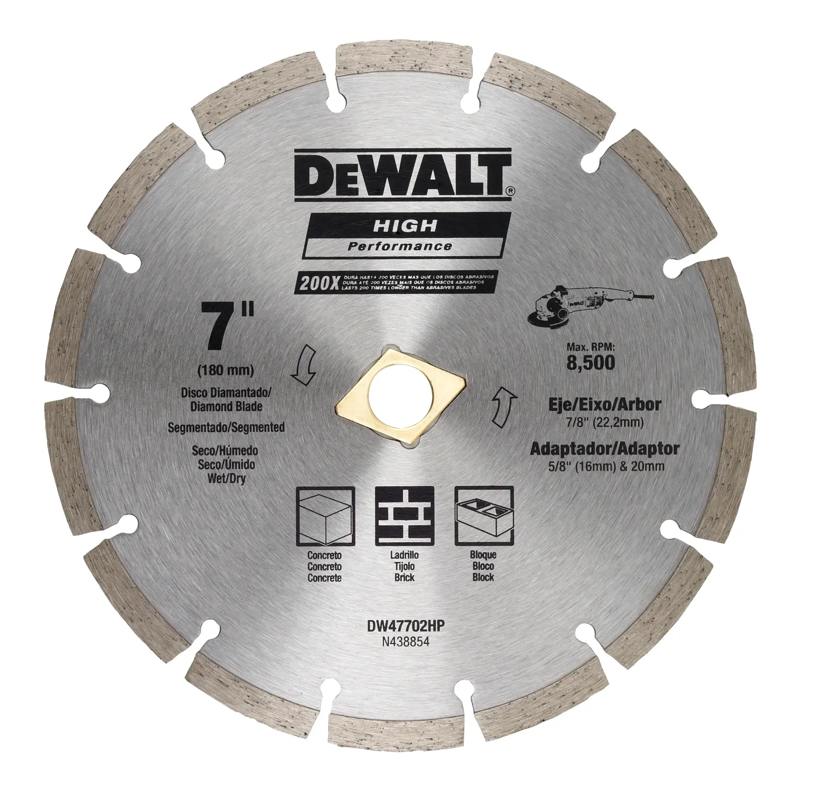 Uma lâmina segmentada de diamante DEWALT, modelo DW47702HP, mostrada em close. A lâmina possui 7 polegadas de diâmetro (180 mm) para cortes a seco ou úmido, adequada para concreto, tijolo e bloco. As especificações e ícones de uso estão impressos na superfície.