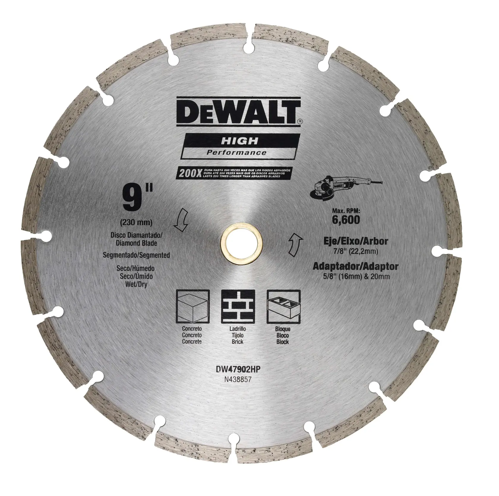 Uma lâmina diamantada segmentada DEWALT, modelo DW47902HP, projetada para cortar concreto, tijolo e bloco. A lâmina tem 9 polegadas (230 mm) de diâmetro, pode ser usada para corte seco ou úmido e apresenta detalhes técnicos e de desempenho na superfície.