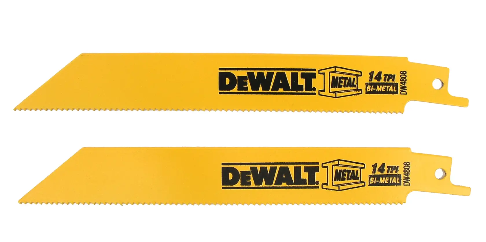 Dois serras amarelas DEWALT 14 TPI bi-metálicas para cortes de metal.