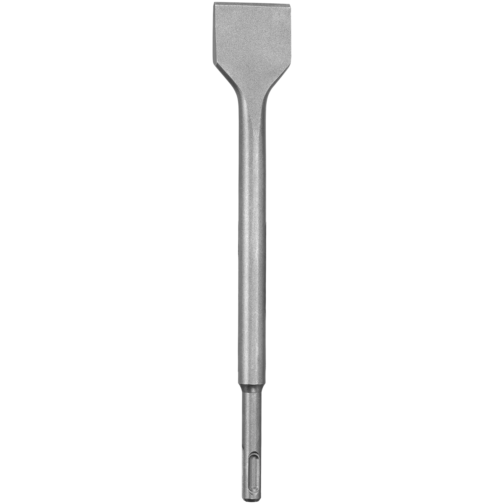 Uma ponteira de cinzel plana feita de metal, projetada para uso com uma ferramenta elétrica como uma furadeira de impacto. O cinzel tem uma lâmina larga e plana no topo e uma haste redonda com fenda na parte inferior para conexão à ferramenta.