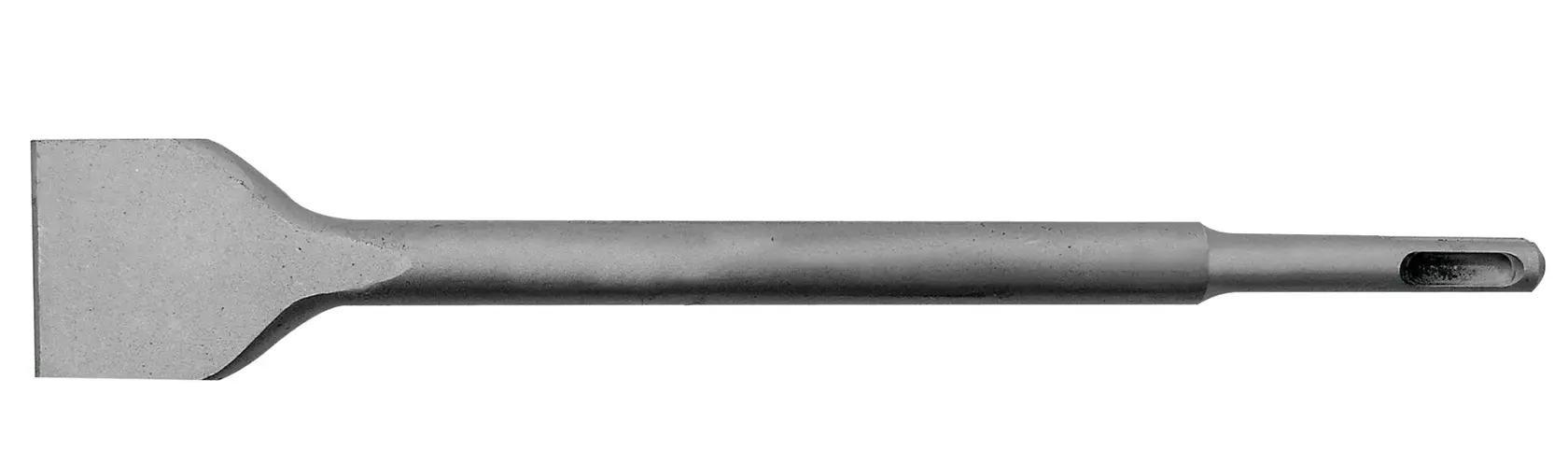 Cinzelo plano com haste SDS, ideal para demolição e remoção de concreto. Aço, uso industrial.