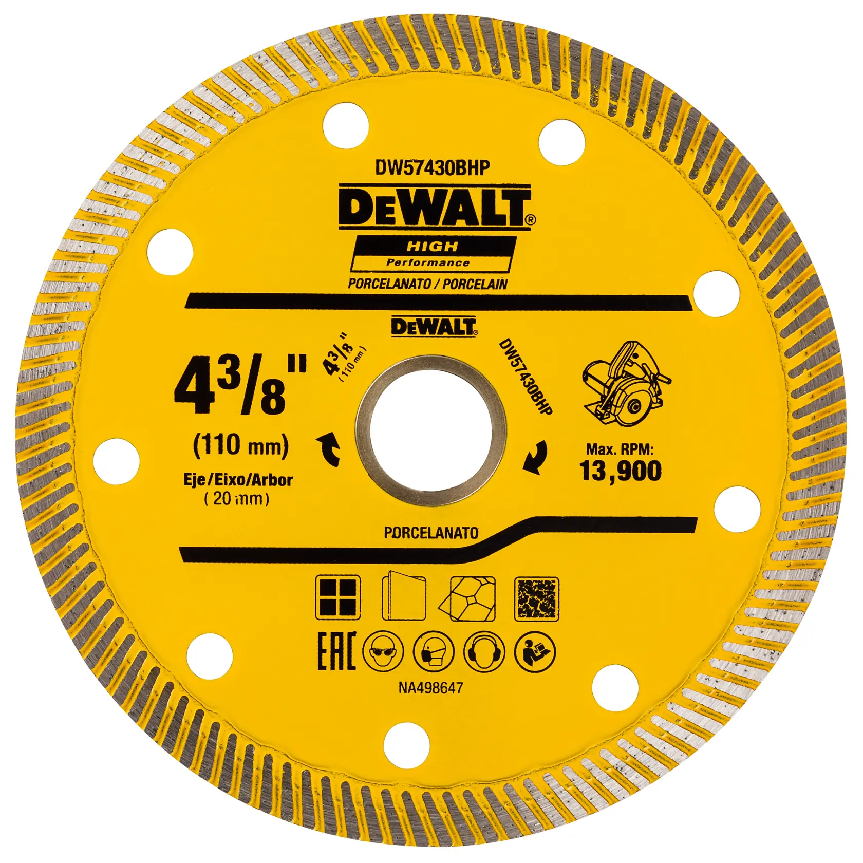 Imagem em close da lâmina de serra circular amarela da marca DEWALT, modelo DW57430BHP. A lâmina é projetada para cortar porcelanato, com especificações incluindo diâmetro de 4 3/8 polegadas (110 mm), eixo de 20 mm e velocidade máxima de 13.900 RPM. A lâmina possui bordas segmentadas e vários furos, além de ícones de segurança e uso impressos.