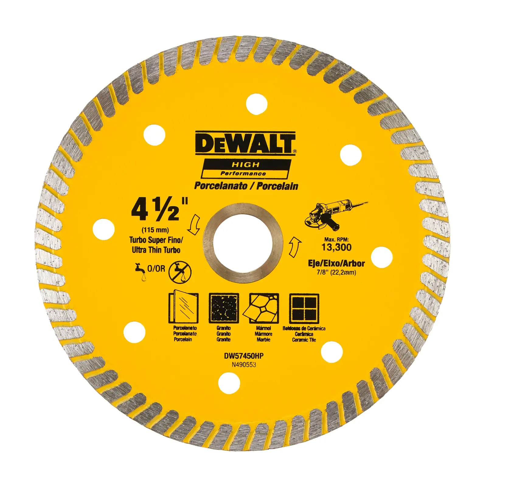 Uma lâmina turbo ultra fina de alto desempenho DEWALT de 4 1/2 polegadas (115 mm) para cortar porcelanato, granito, mármore e piso cerâmico. A lâmina circular é amarela com especificações detalhadas e instruções de uso impressas na superfície.