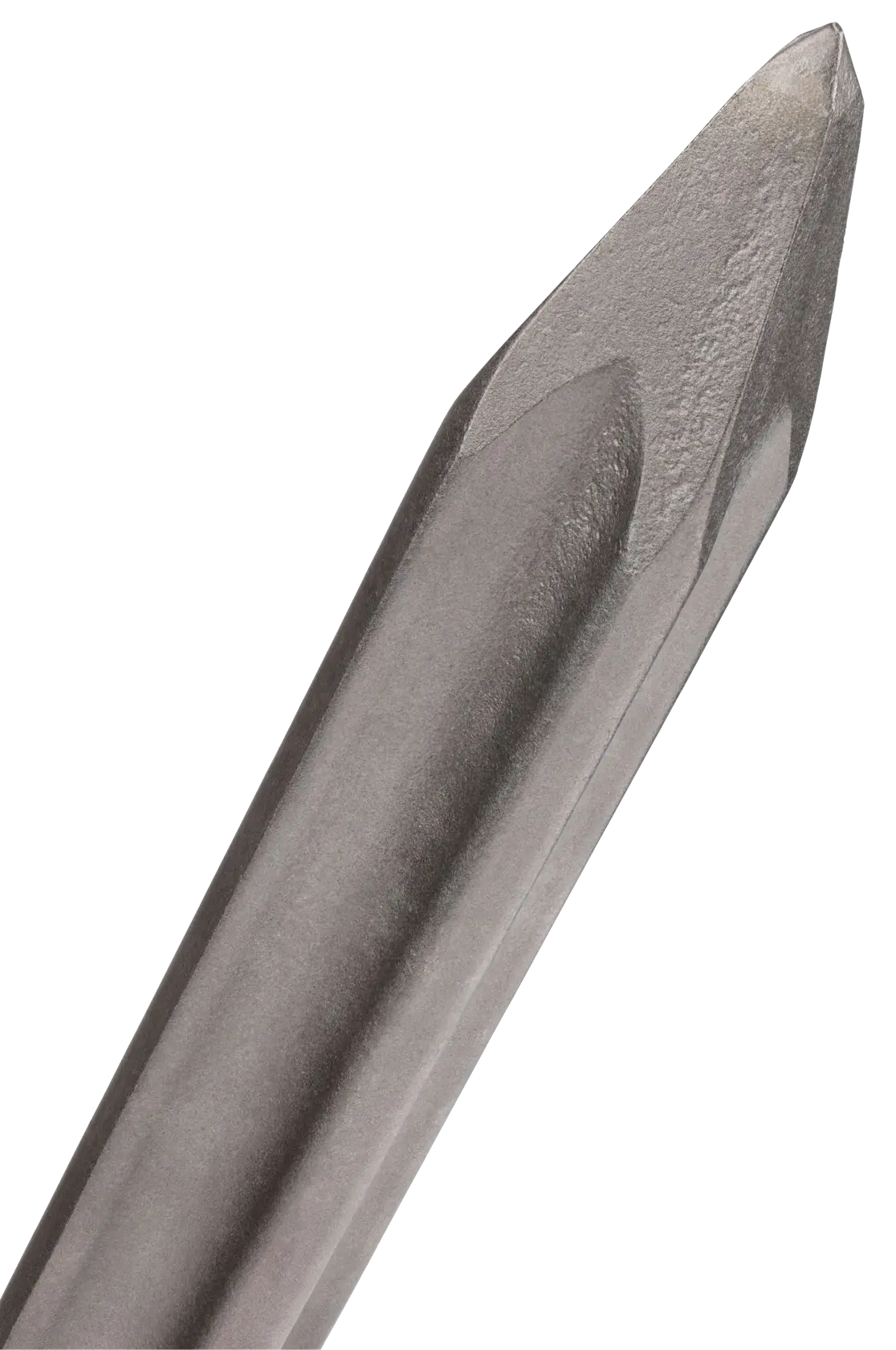 Close-up de uma ponta de cinzel metálica para furadeira, exibida sobre fundo branco.