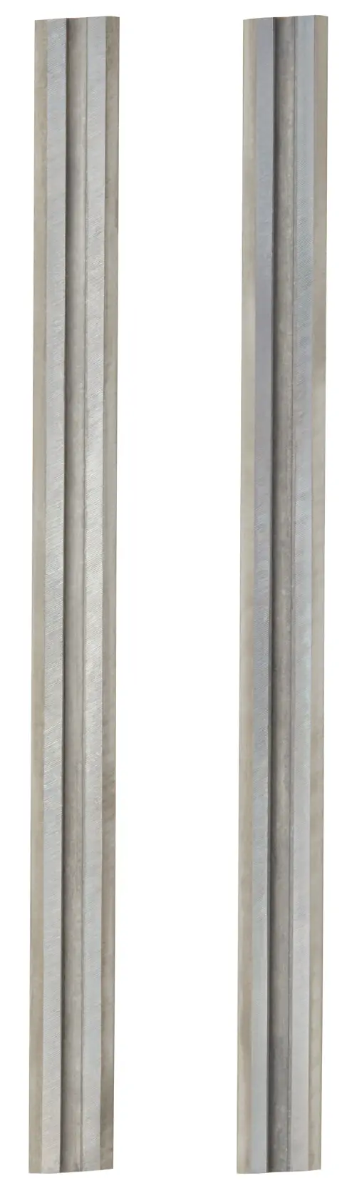 Duas lâminas de plainadeira de metal com design com sulcos, exibidas na posição vertical sobre fundo branco.
