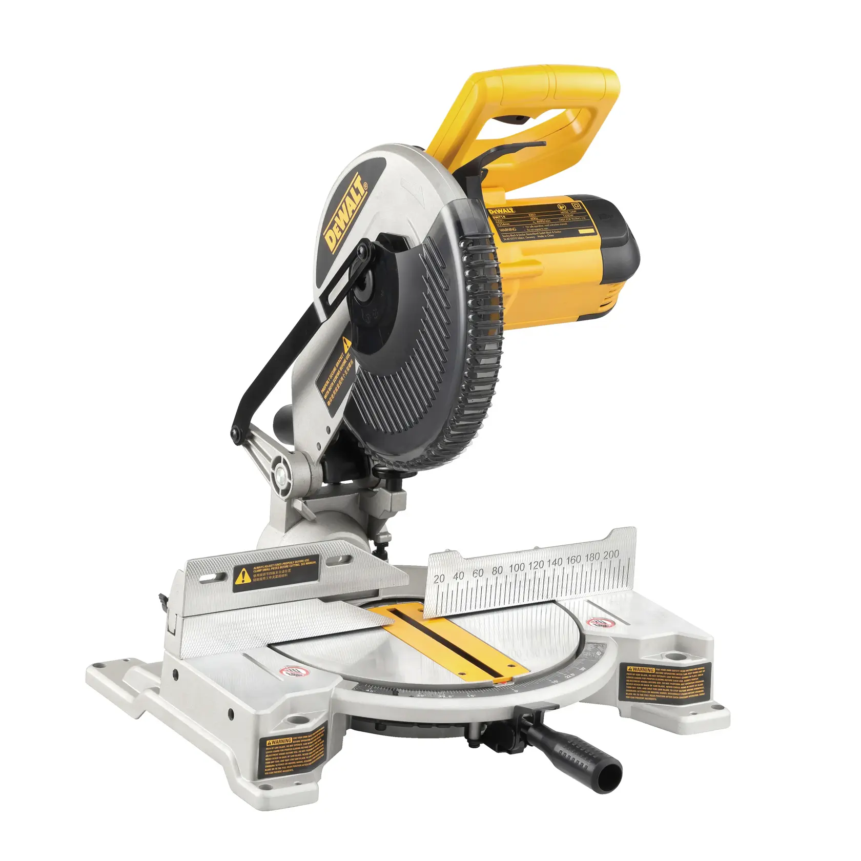 Serra de meia-esquadria DEWALT DW714 com cabo amarelo e escala para cortes precisos em madeira.
