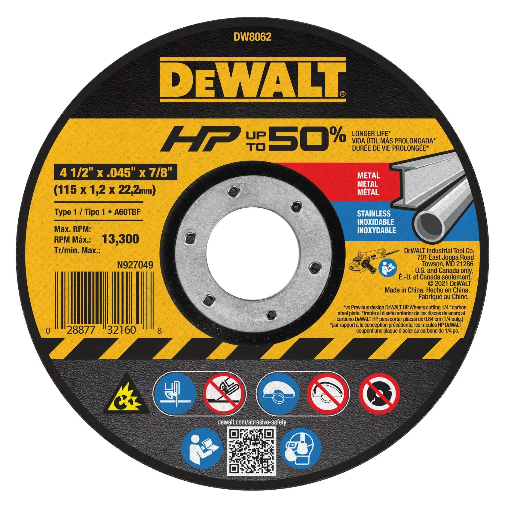 Disco de corte abrasivo DEWALT DW8062 para metal e aço inoxidável, 4 1/2 polegadas x 0,045 polegadas x 7/8 polegada (115 x 1,2 x 22,2 mm), série HP. O disco exibe especificações do produto, ícones de segurança e a marca amarela e preta da DEWALT.