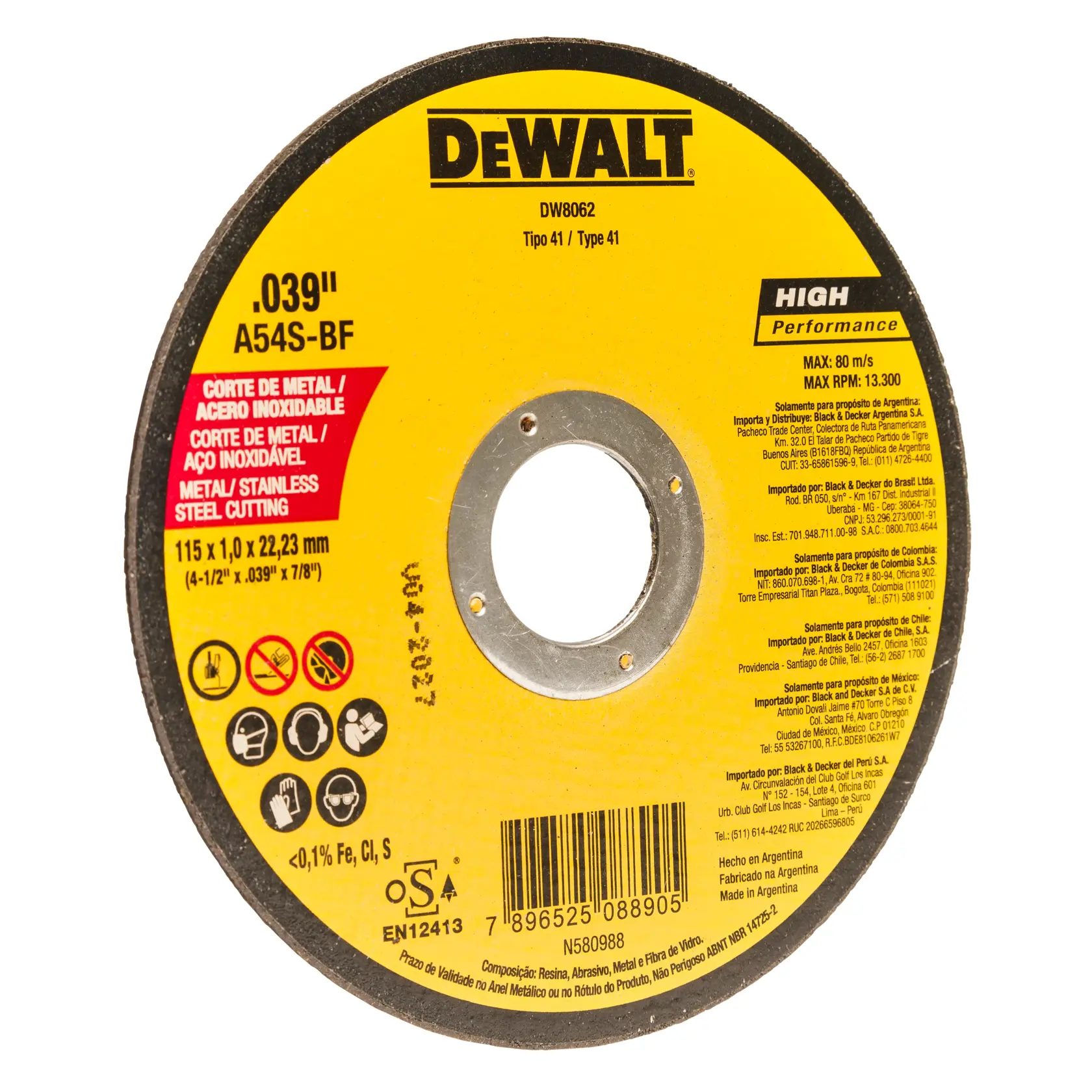 Imagem de uma roda de corte DEWALT DW8062 com ação de corte agressiva, vida útil 50% mais longa com tecnologia Temper Point e design extremamente versátil e durável. A roda é indicada para corte de metal e aço inoxidável, com RPM máximo de 13.300. Os principais destaques do produto são apresentados ao redor da roda.
