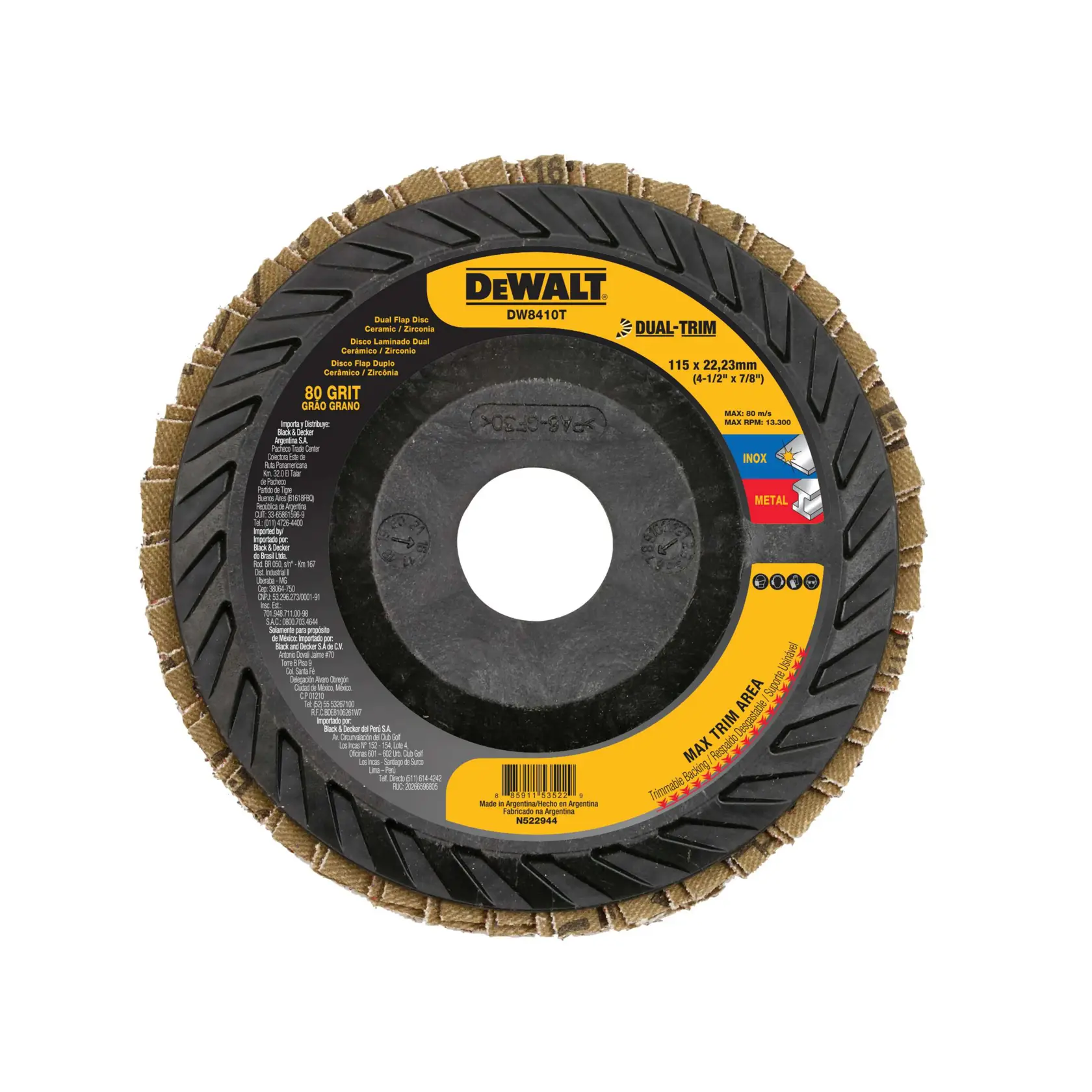 Um disco flap DEWALT DW8410T dual-trim para esmerilhadeiras, com abrasivo cerâmico e zircônio, grão 80, com rótulo preto e amarelo. O disco é indicado para uso em metal e inox, mede 115 x 22,23 mm (4-1/2 x 7/8 polegadas).