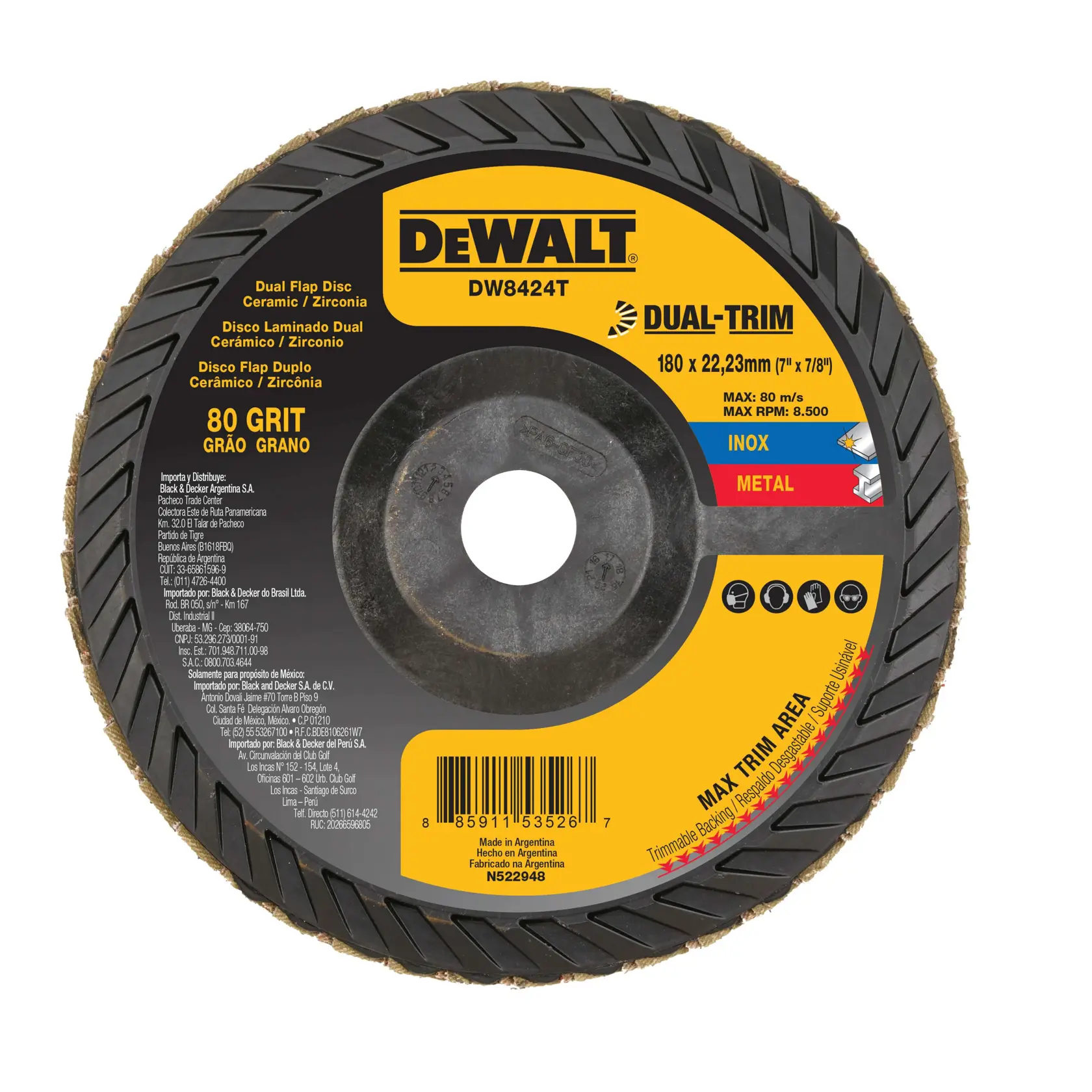 Um disco flap duplo DEWALT DW8424T de cerâmica e zircônia, grão 80, tamanho 180 x 22,23 mm, projetado para metal e inox, com área de dupla trim e informações de segurança marcadas no disco.