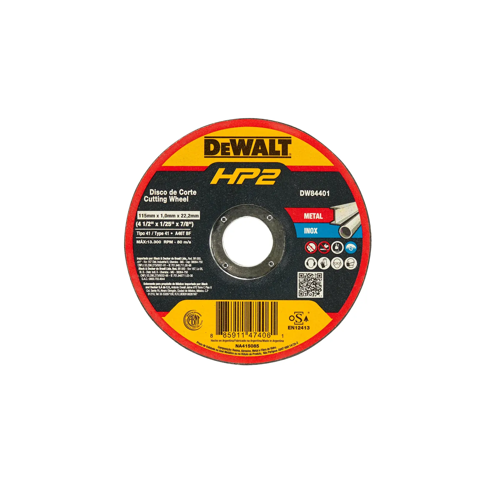 Disco de corte DEWALT HP2 DW84401 para metal e inox, 115mm, formato redondo e rotulado.