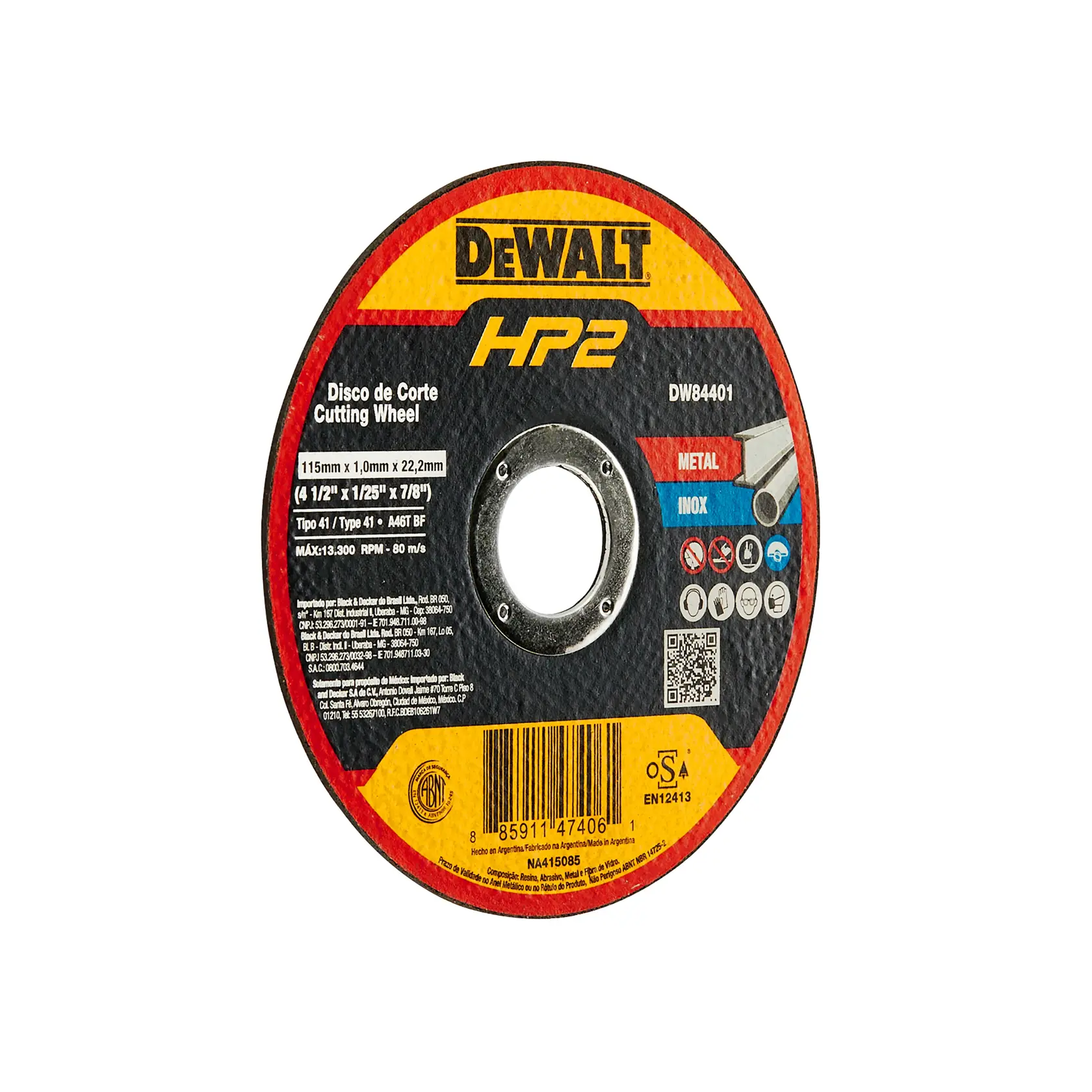 Disco de corte DEWALT HP2 DW84401 para metal e inox, 115mm, circular, com informações e código de barras.