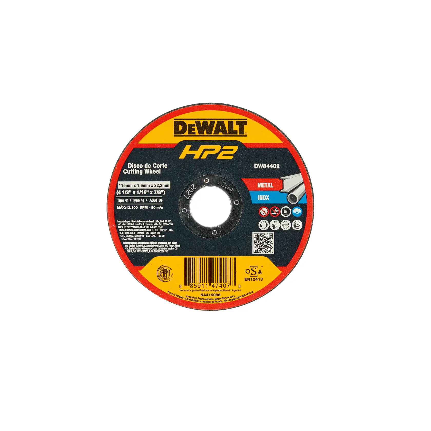 Um disco de corte DEWALT HP2, modelo DW84402, projetado para cortar metal e aço inoxidável. O disco é circular com um furo central e especificações impressas, incluindo tamanho 115mm x 1,6mm x 22,2mm, máximo 13.300 RPM e símbolos de segurança. A embalagem possui esquema de cores amarelo, preto e vermelho.