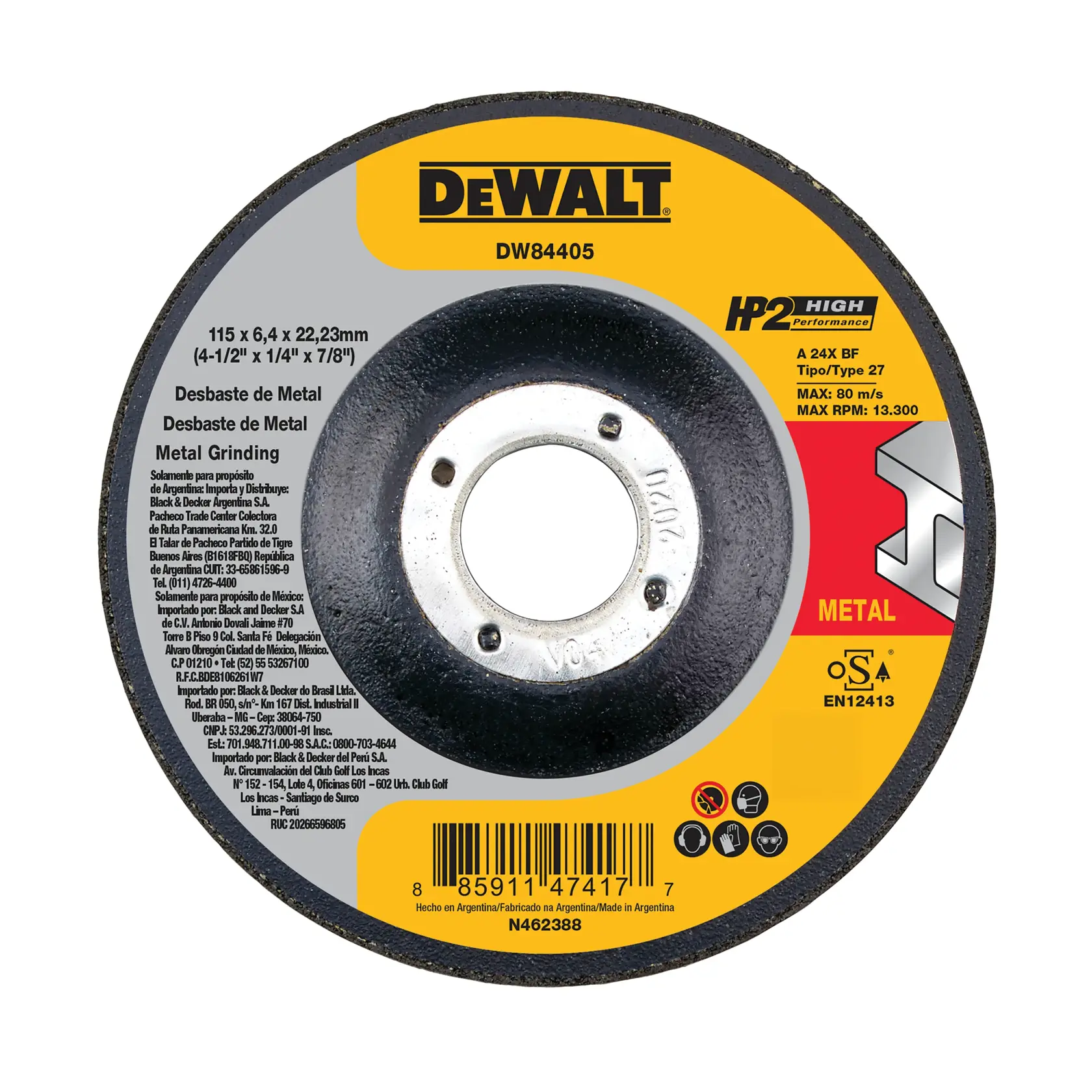 Um disco de desbaste de metal da marca DEWALT, modelo DW84405, com especificações escritas no rótulo, incluindo o tamanho 115 x 6 x 22,23 mm (4-1/2'' x 1/4'' x 7/8''). O disco apresenta instruções, informações de desempenho, código de barras e certificações de segurança. O rótulo tem as cores amarelo, cinza e vermelho.