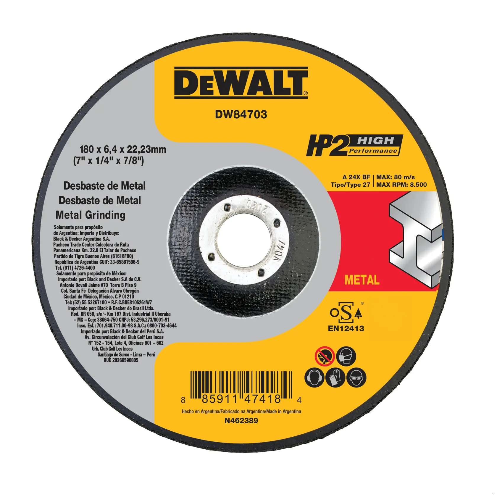 Disco de desbaste de metal DEWALT DW84703 com rótulo amarelo, cinza e vermelho mostrando especificações, ícones de segurança, código de barras e marca HP2 High Performance.