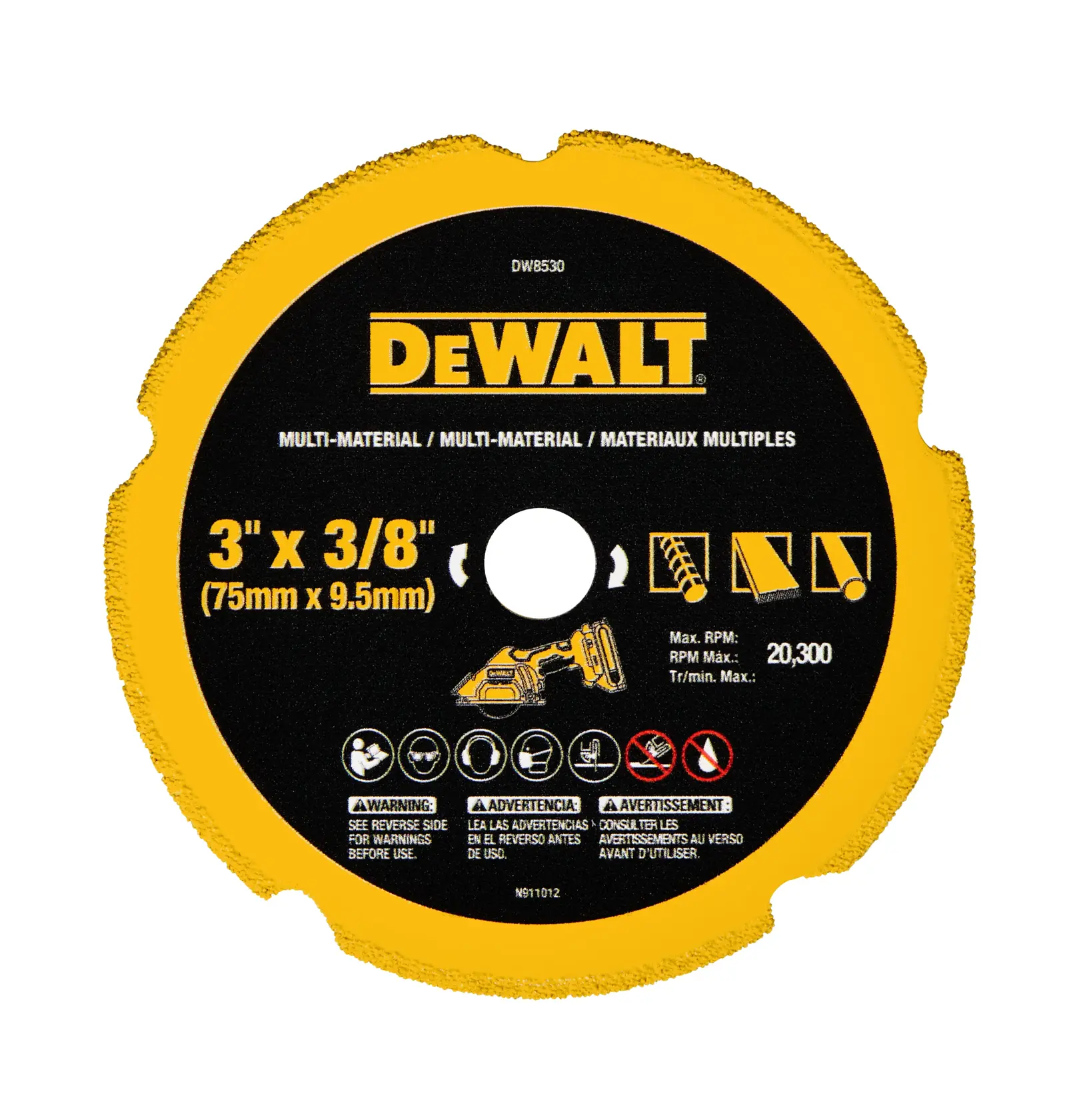 Uma lâmina de serra circular da marca DEWALT com borda amarela e centro preto, projetada para corte de diversos materiais. O tamanho da lâmina é 3 polegadas por 3/8 polegada (75mm x 9,5mm) e a velocidade máxima é 20.300 RPM. Ícones de segurança e uso aparecem na parte inferior.