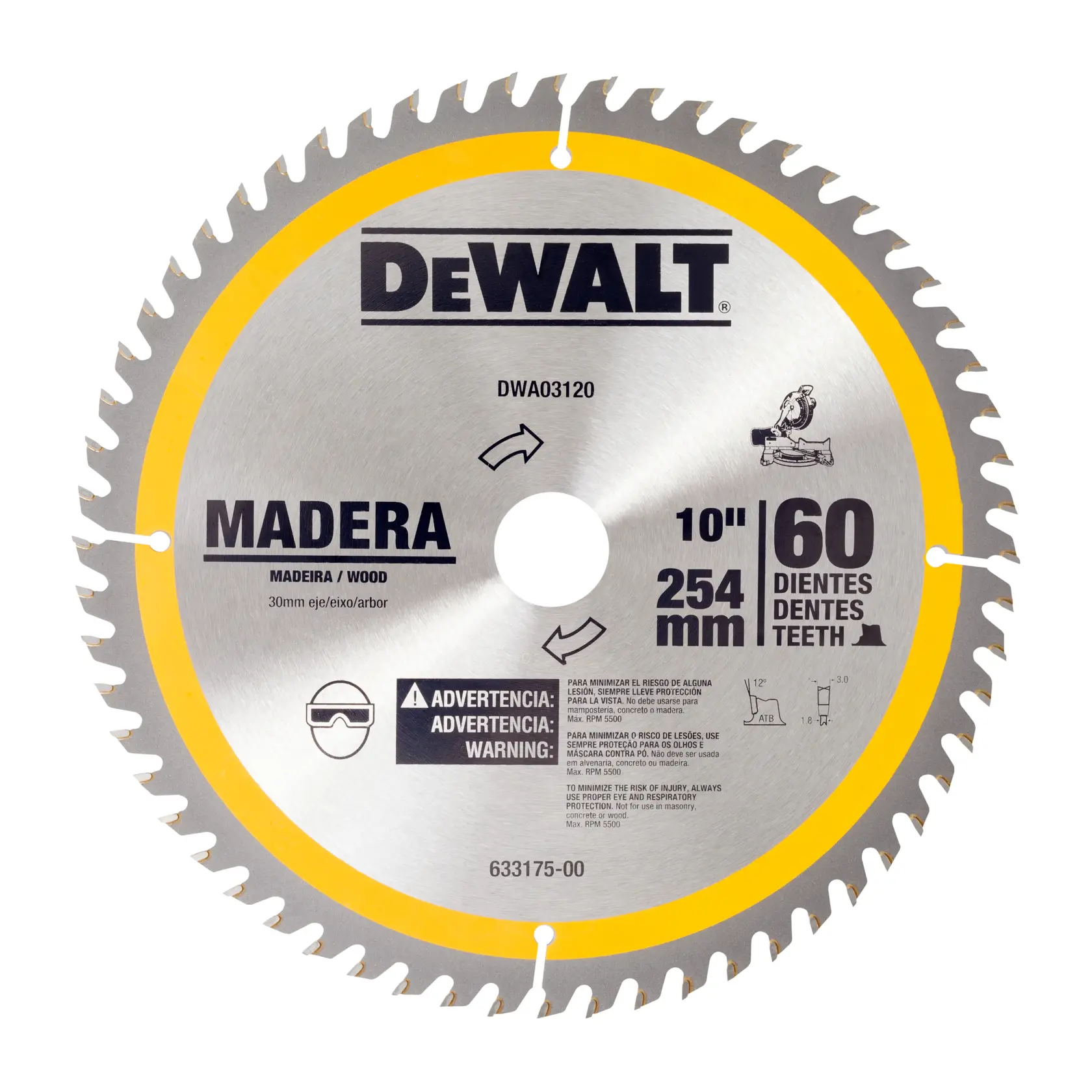 Lâmina de serra circular DEWALT, modelo DWA03120, projetada para cortar madeira. A lâmina é prateada com uma borda amarela, possui 60 dentes, diâmetro de 10 polegadas (254 mm) e furo de eixo de 30 mm. Apresenta etiquetas de aviso e segurança, incluindo a recomendação de usar proteção ocular.