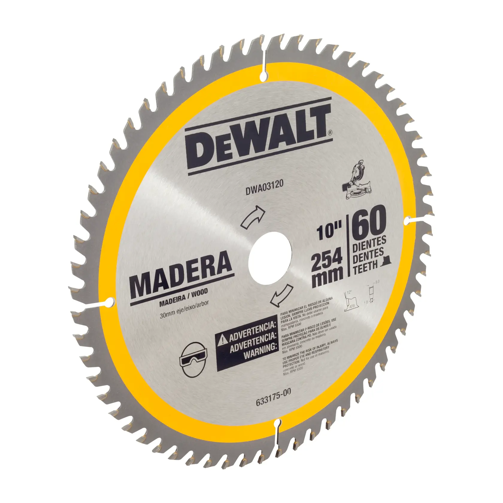 Lâmina de serra circular DEWALT para madeira com 60 dentes, medindo 10 polegadas (254 mm) de diâmetro. A lâmina possui informações de segurança e uso impressas, incluindo um aviso para usar proteção ocular.