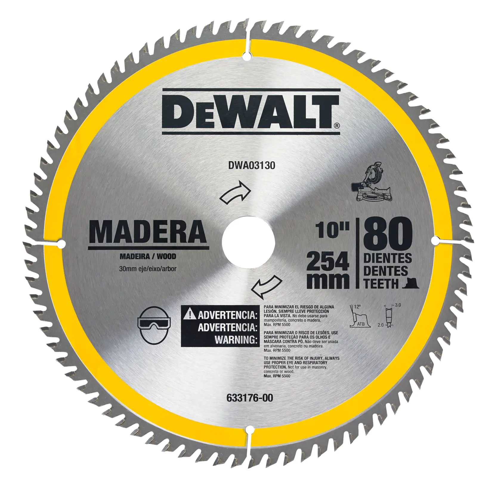 Imagem em close de uma lâmina de serra circular DEWALT com borda amarela. A lâmina é indicada para corte de madeira, possui 10 polegadas (254 mm) de diâmetro e 80 dentes. O SKU do produto é DWA03130 e há avisos de segurança em vários idiomas impressos na lâmina.