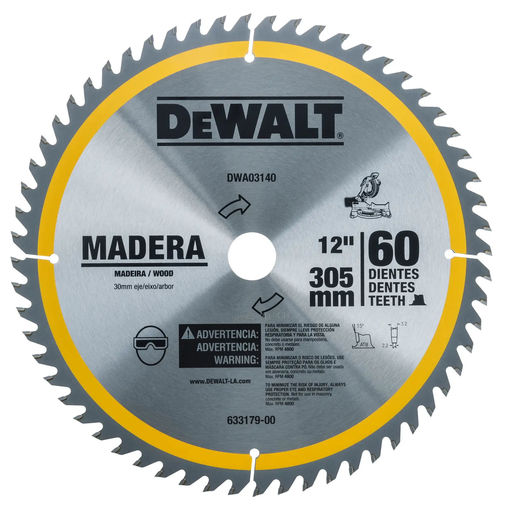 Lâmina de serra circular DEWALT 12", 60 dentes, 305mm, para madeira, modelo DWA03140.