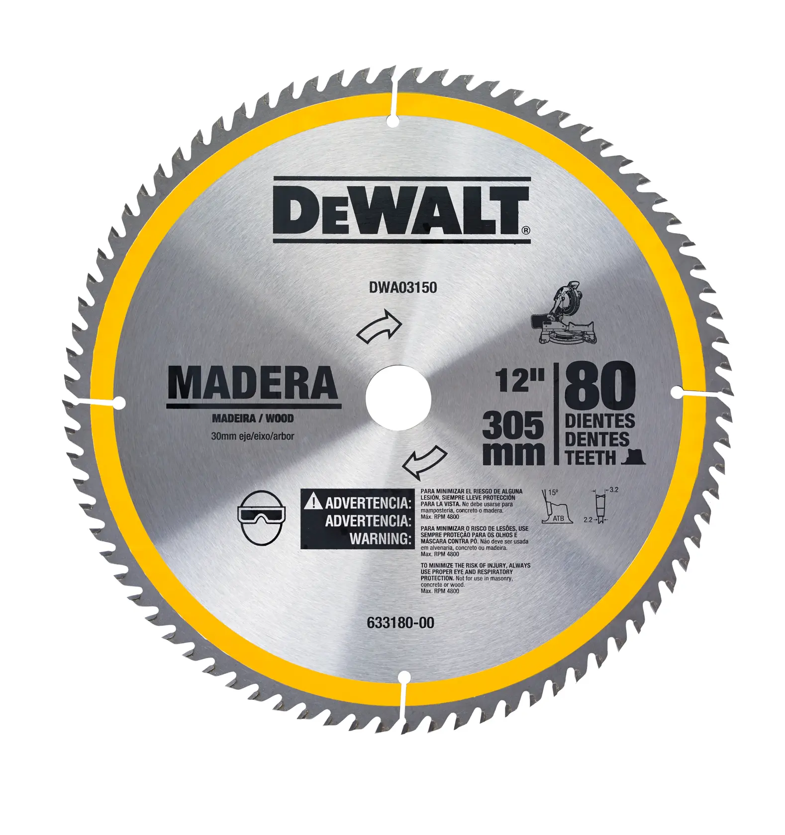 Serra circular DEWALT para corte de madeira, modelo DWA03150, com diâmetro de 305 mm (12 polegadas) e 80 dentes. A lâmina exibe advertências de segurança e especificações em vários idiomas. Possui borda amarela e rotulagem detalhada com ícones de advertência de uso.