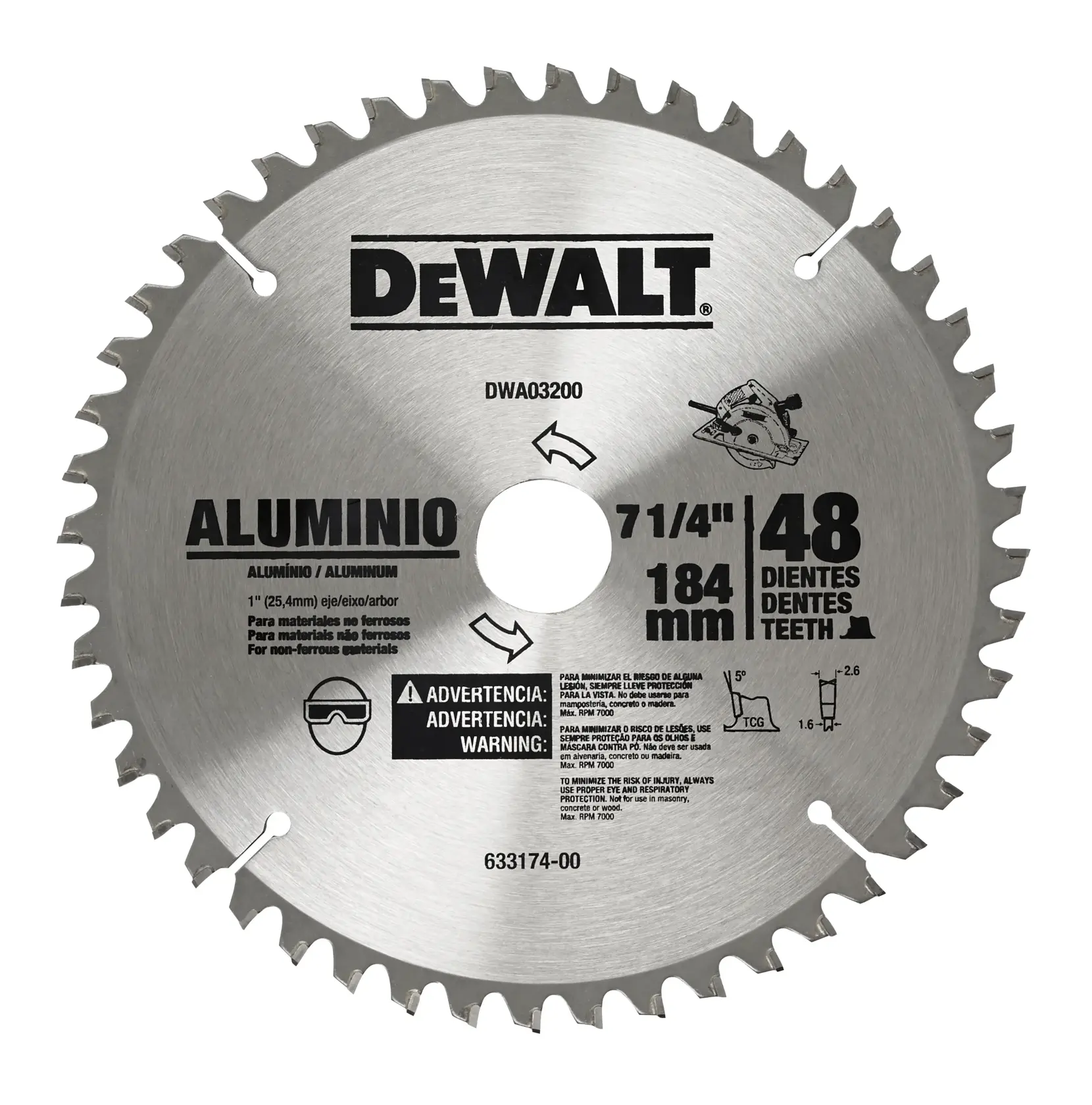 Uma lâmina de serra circular DEWALT para cortar alumínio, com 48 dentes e um diâmetro de 184 mm (7-1/4 polegadas). A lâmina é prateada com texto e marcas pretas, incluindo advertências de segurança e especificações. O número do modelo DWA03200 está visível no topo.