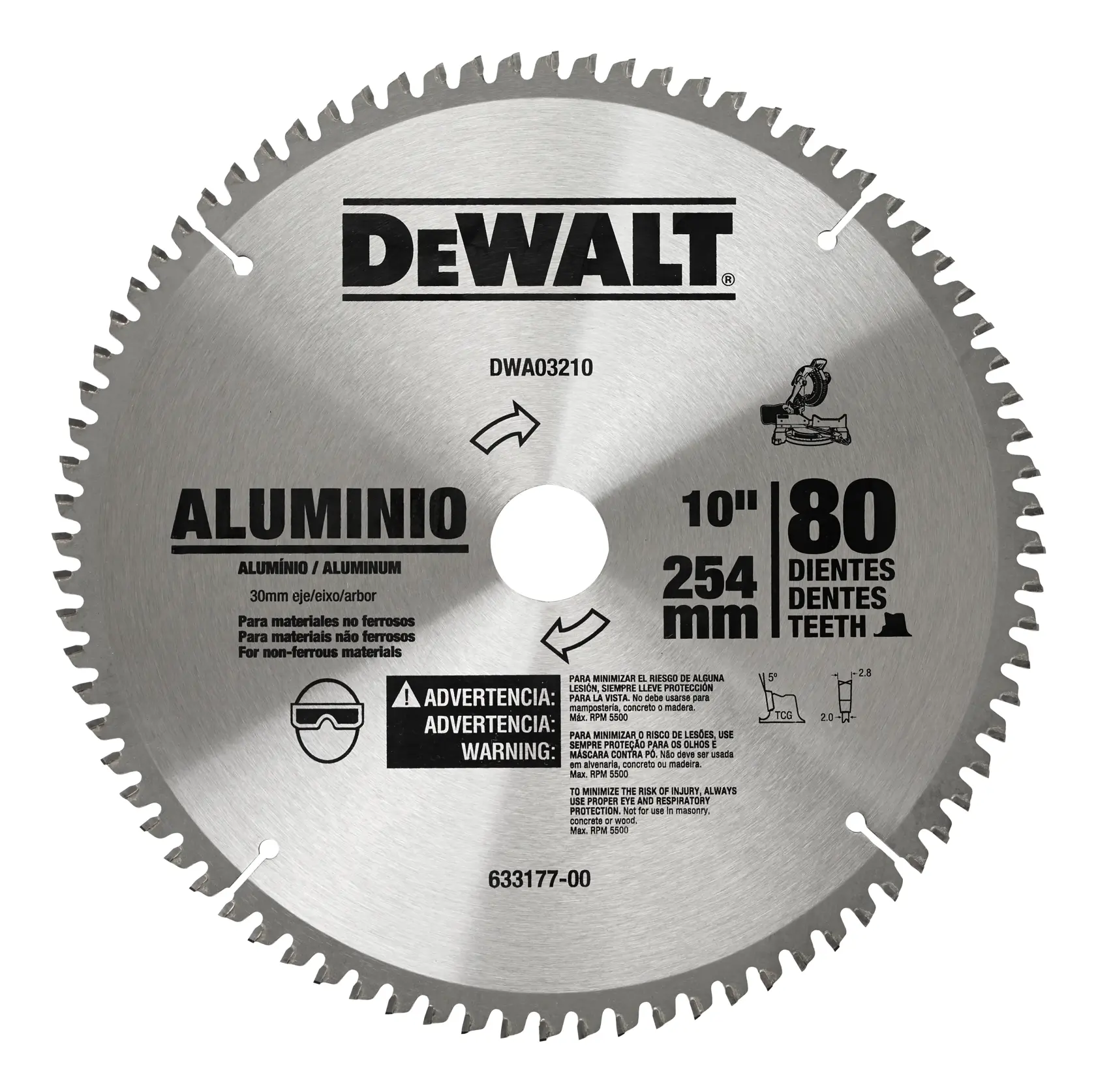 Lâmina de serra circular DEWALT para uso geral, modelo DWA03210. A lâmina é feita para alumínio e outros materiais não ferrosos. Tem cor prateada, 80 dentes e mede 10 polegadas (254 mm) de diâmetro. Informações de segurança e uso estão impressas na lâmina.
