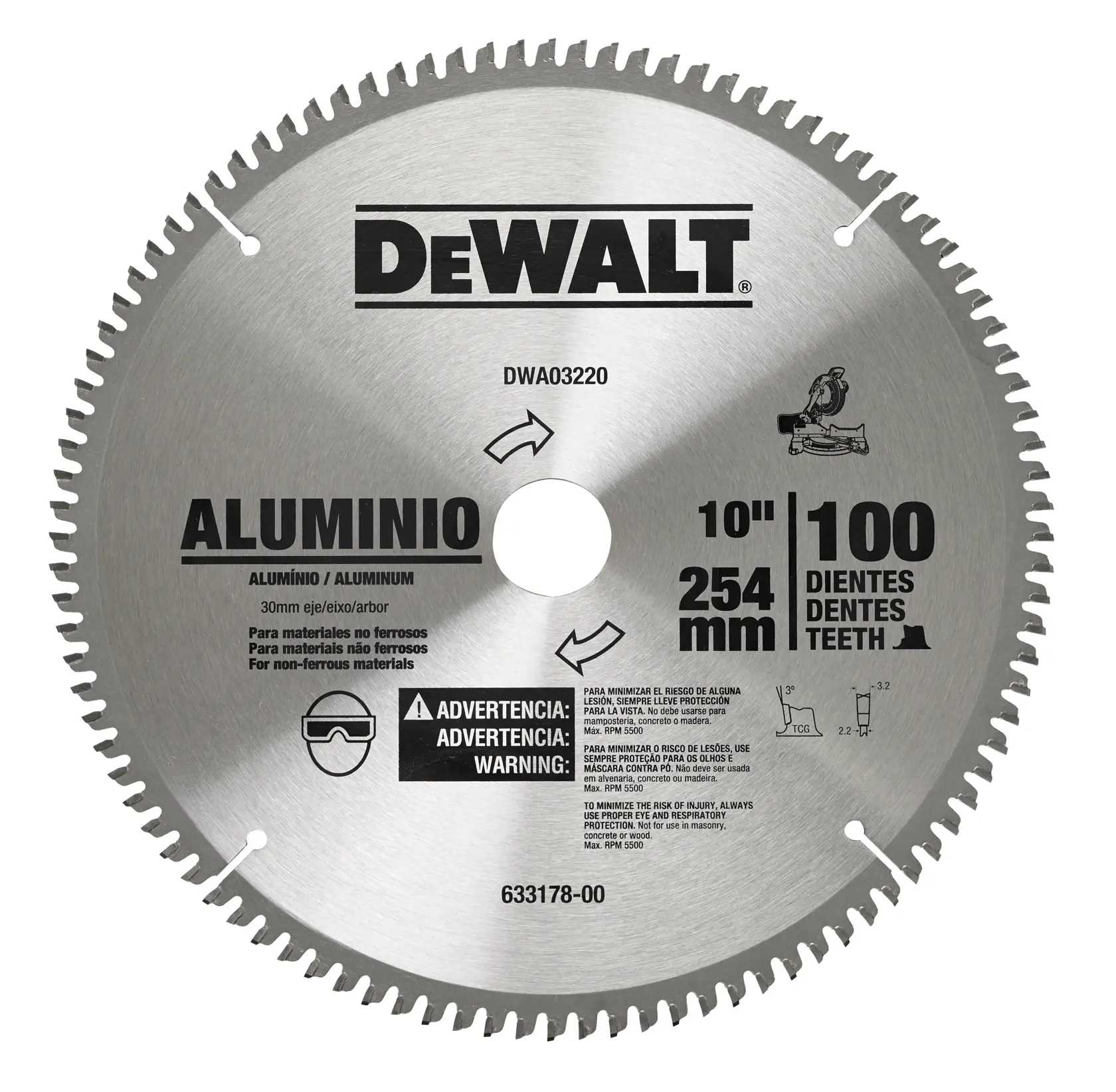 Uma lâmina de serra circular DEWALT de 10 polegadas para alumínio e materiais não ferrosos, com 100 dentes e número de modelo DWA03220. A lâmina é prateada, com texto preto impresso e etiquetas de advertência, incluindo ícones de segurança.