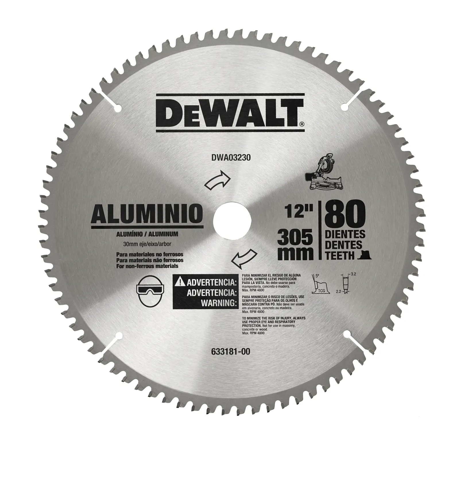 Uma lâmina de serra circular da marca DEWALT, modelo DWA03230, projetada para cortar alumínio e materiais não ferrosos. A lâmina tem 12 polegadas (305 mm) de diâmetro e 80 dentes. Informações de segurança e uso estão impressas na lâmina.