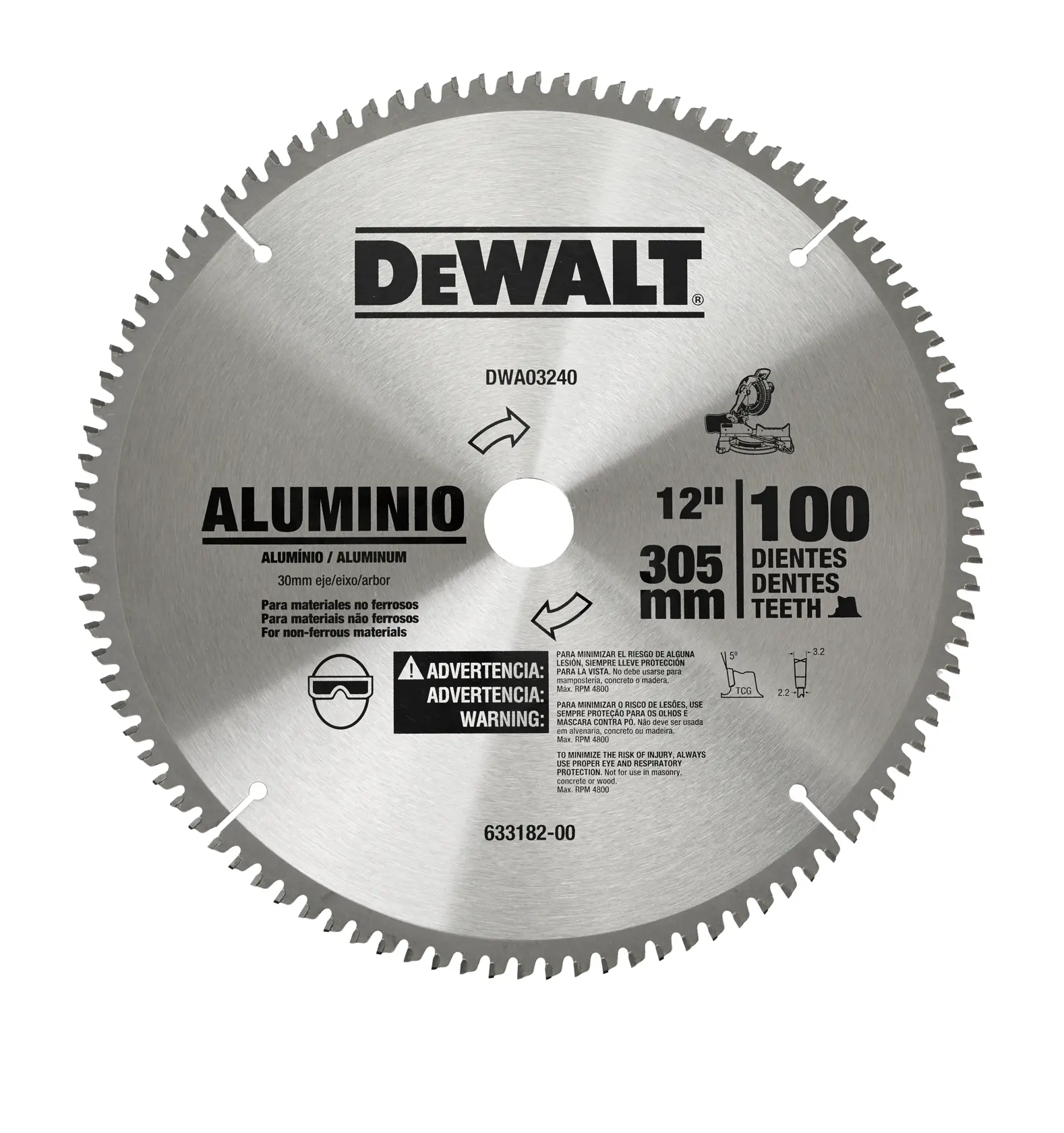Lâmina de serra circular para alumínio e materiais não ferrosos da DEWALT, modelo DWA03240, diâmetro de 12 polegadas (305 mm) com 100 dentes. A lâmina é prateada com texto preto e avisos de segurança impressos.