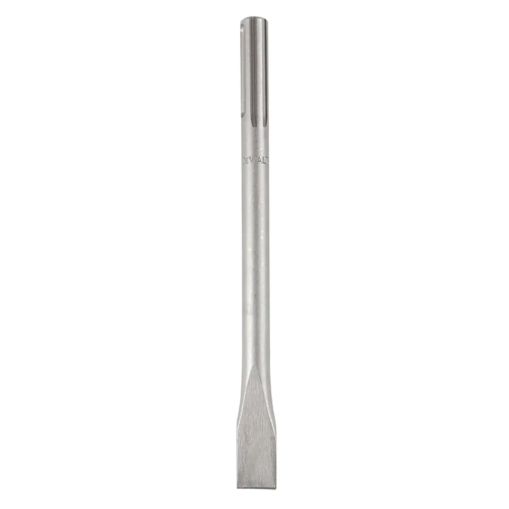 Uma ponteira cinzel SDS DEWALT, mostrada verticalmente sobre um fundo branco. A ferramenta tem corpo de metal com ponta de cinzel plana, projetada para uso com marteletes rotativos.