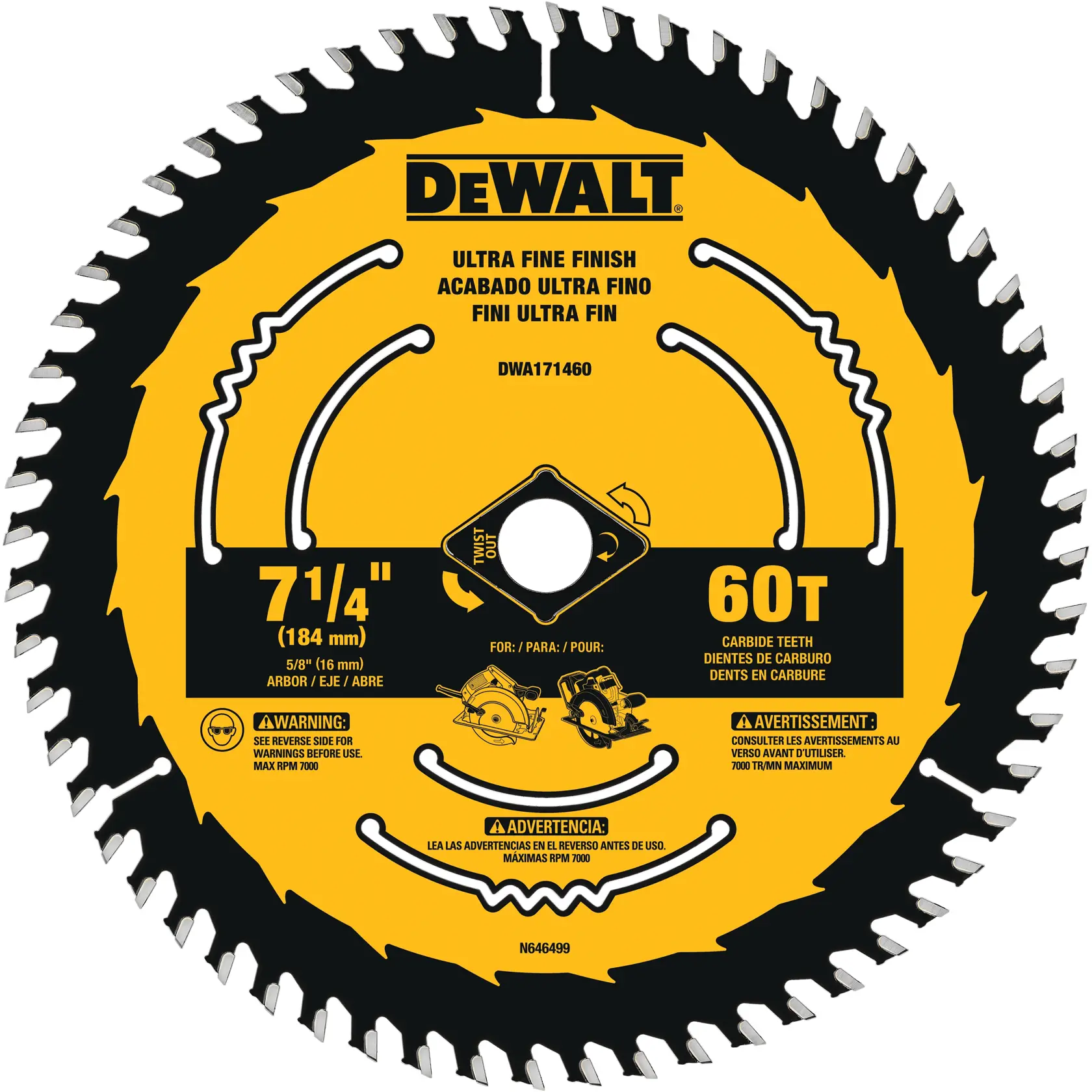 Lâmina de serra circular DEWALT, modelo DWA171460, acabamento ultrafino, diâmetro de 184 mm (7 1/4 polegadas), 60 dentes de carbeto, para trabalhos em madeira, com advertências e informações em vários idiomas na frente.
