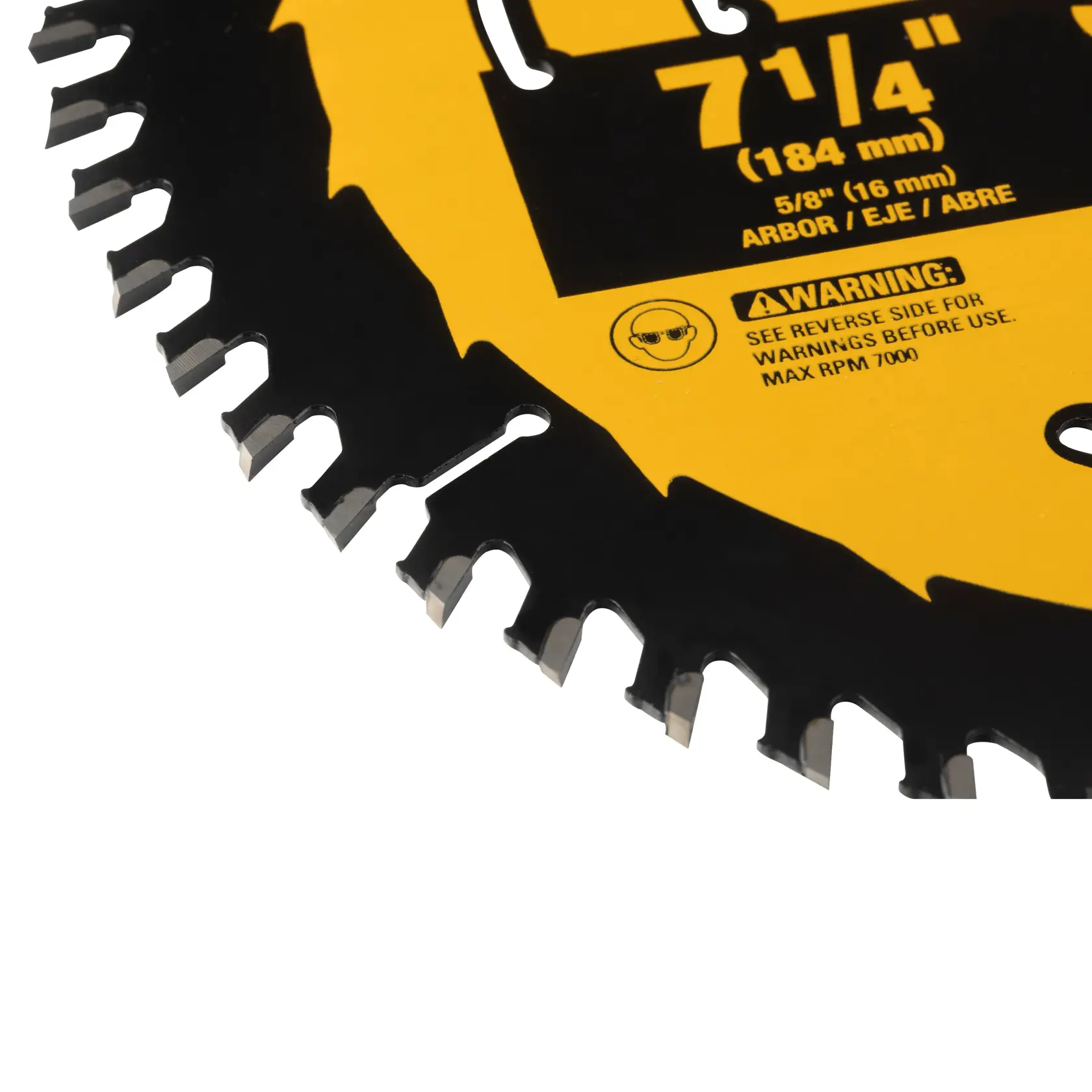 Vista de perto de uma lâmina de serra circular DEWALT, com dentes afiados com pontas de carbeto e informação do produto indicando um diâmetro de 184 mm (7-1/4 polegadas), para fins fotográficos.