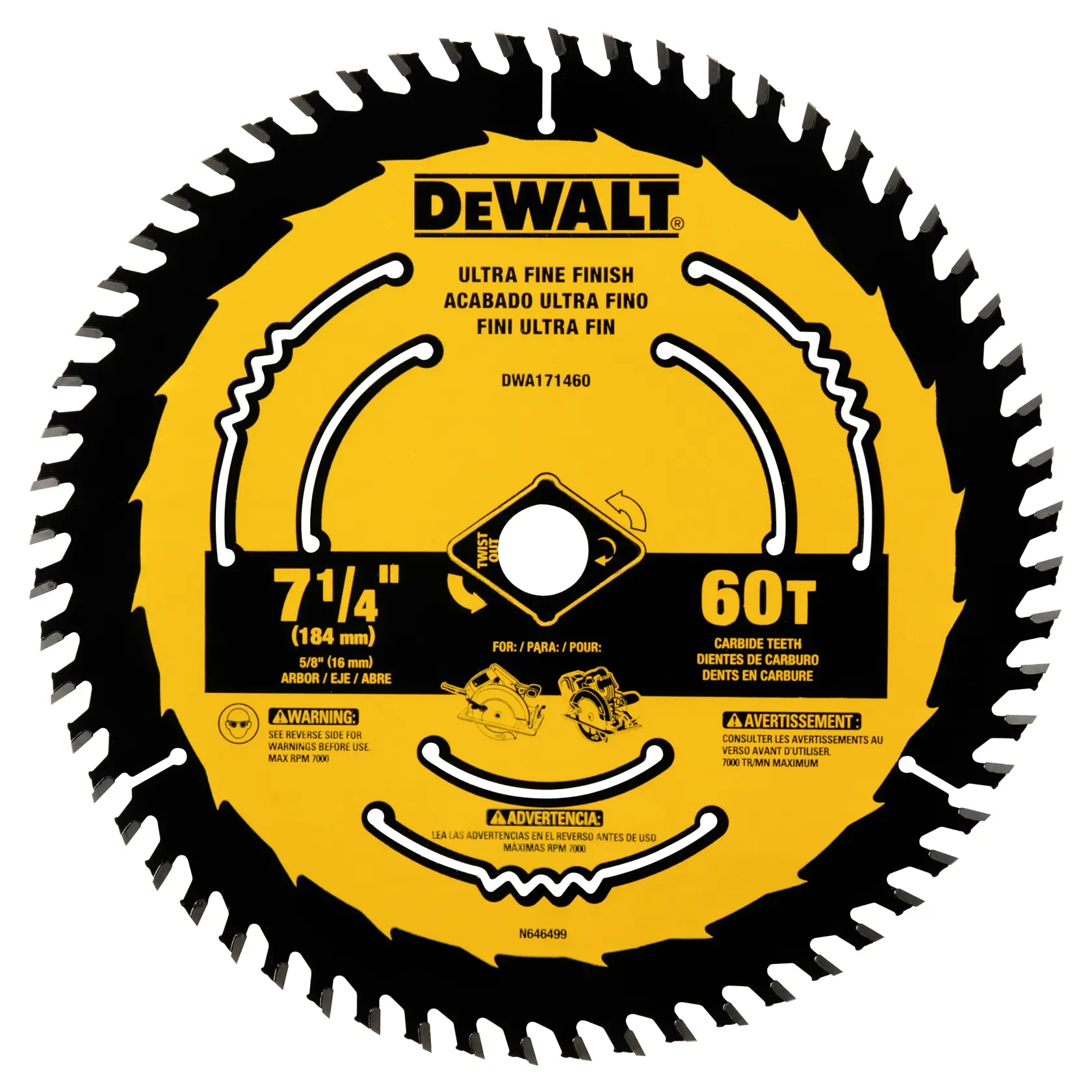 Lâmina de serra circular DEWALT, modelo DWA171460, 7-1/4 polegadas (184 mm) de diâmetro com 60 dentes de carbureto para acabamento ultra fino. A lâmina possui design amarelo e preto com especificações e avisos de segurança impressos.