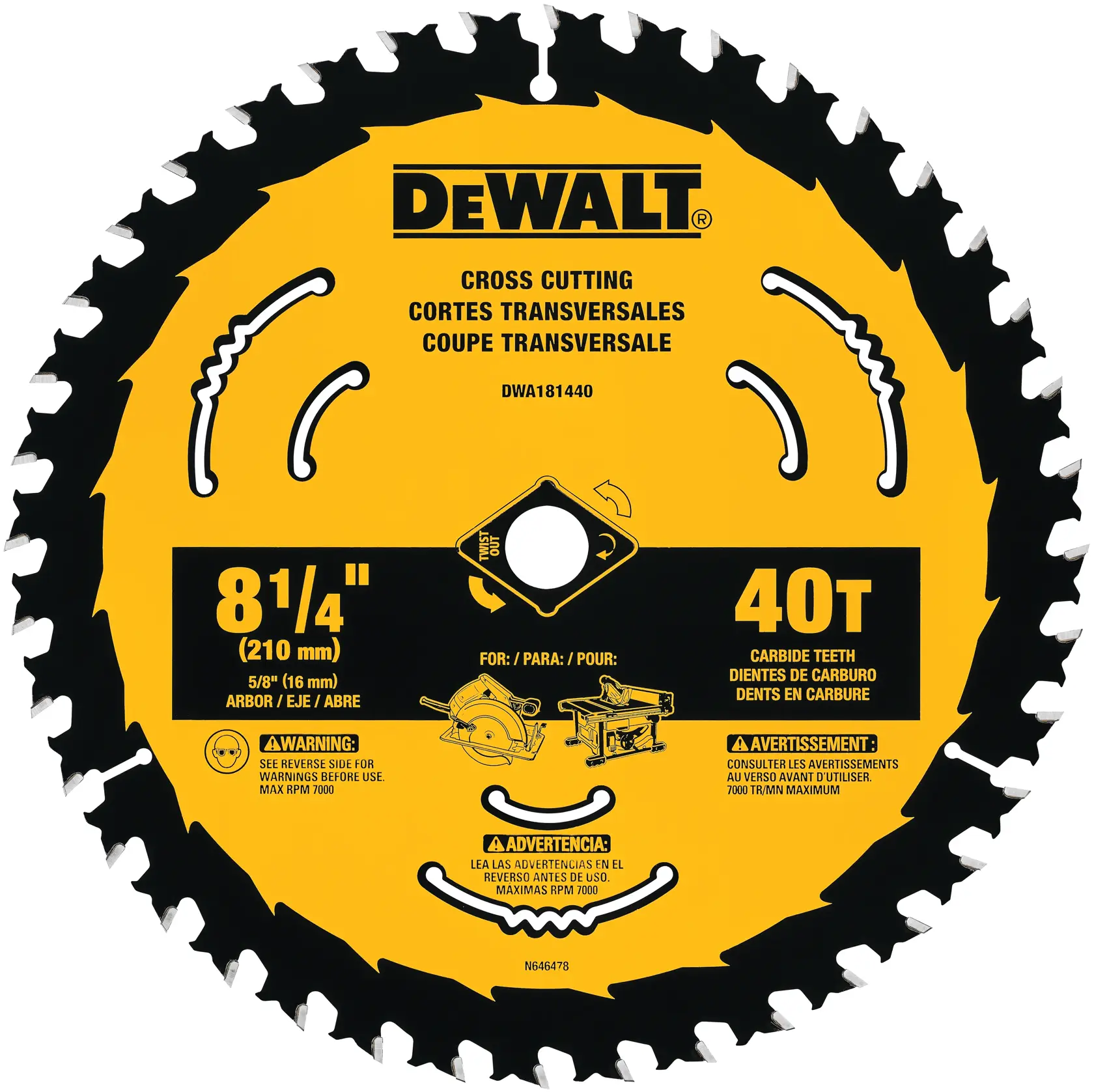 Lâmina de serra de carbeto DEWALT de 210 mm (8 1/4 polegadas) com 40 dentes para cortes transversais, com design amarelo e preto e especificações e avisos de segurança impressos na lâmina.