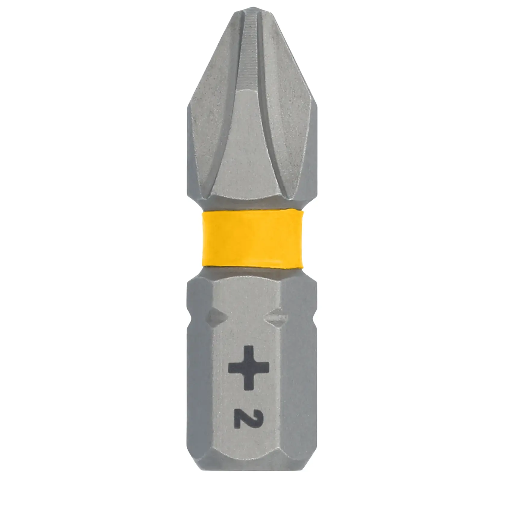 Close-up de uma ponta de chave Phillips nº 2 DEWALT com uma faixa amarela ao redor do meio.